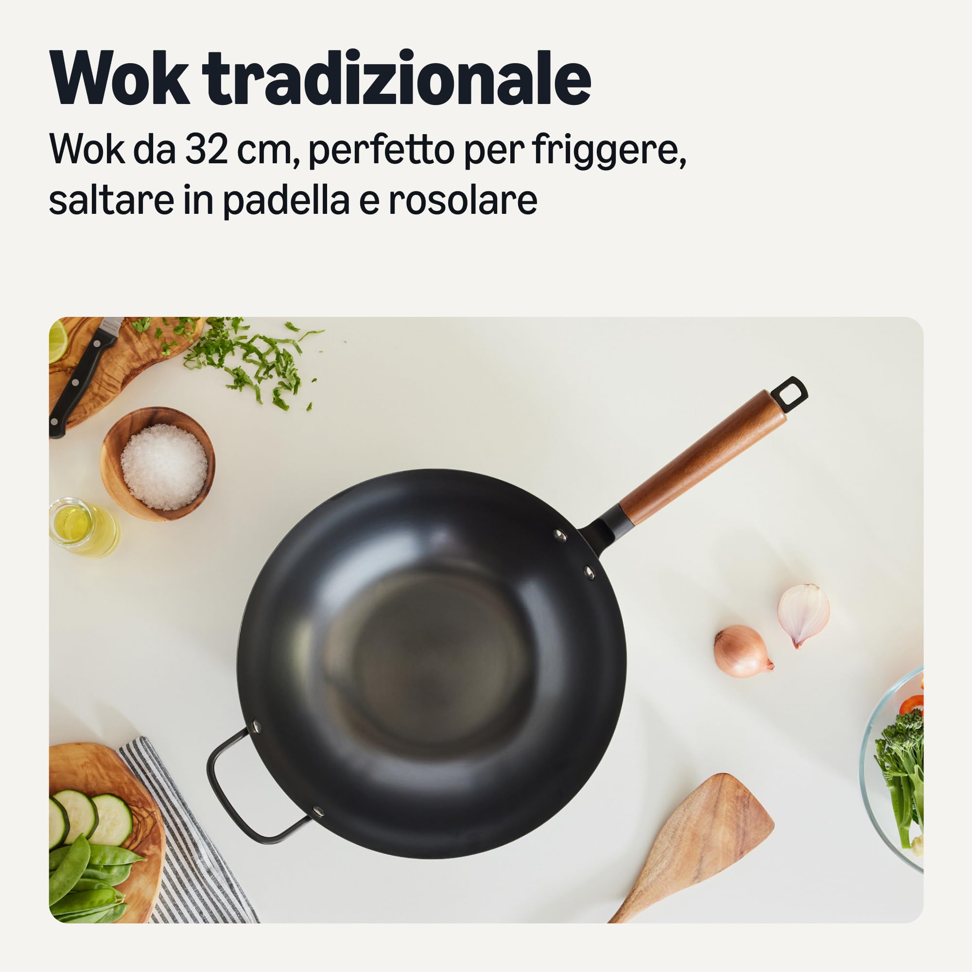 Amazon Basics Wok Acciaio al Carbonio 32 cm Manico Acacia