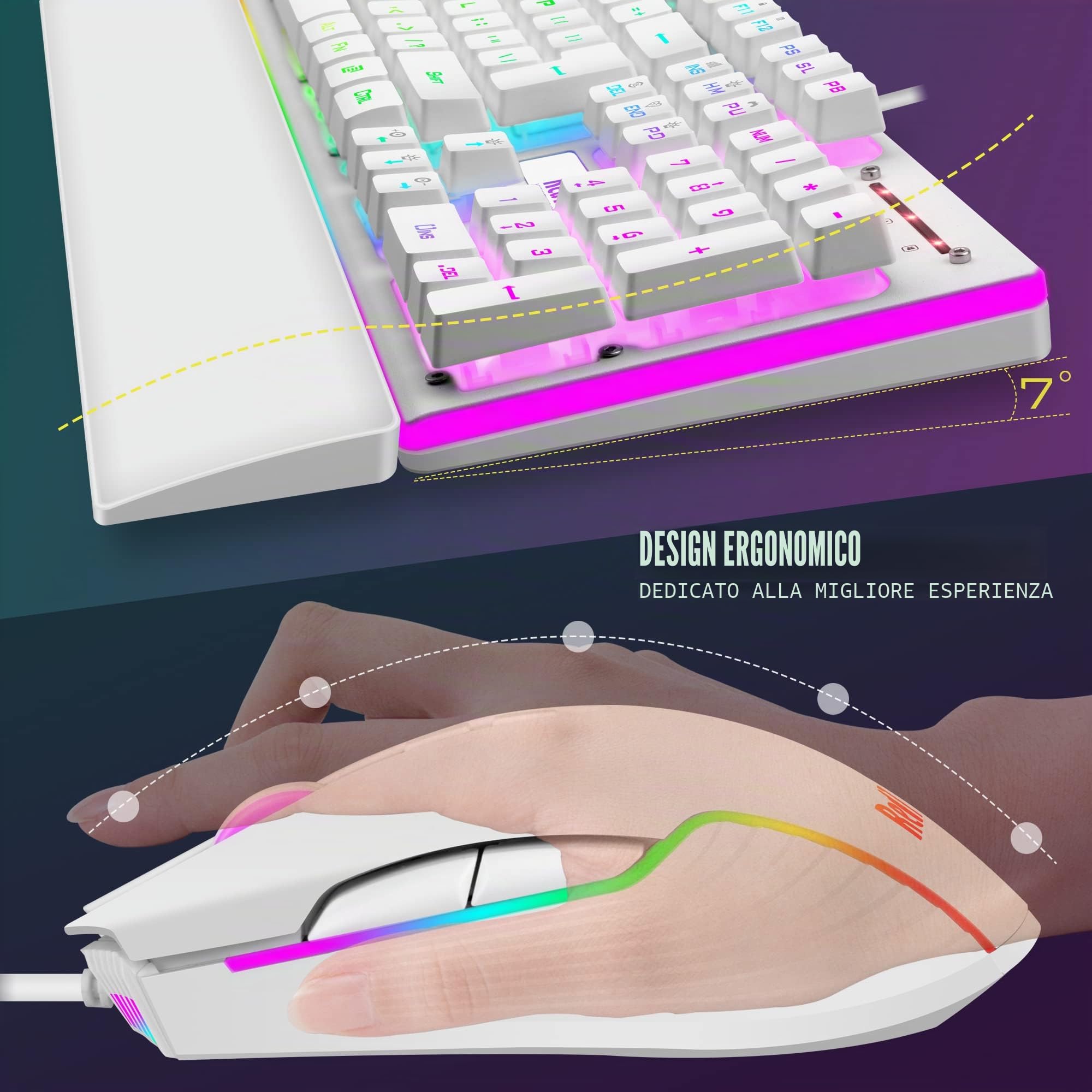 RedThunder K10 Combo Tastiera e Mouse Cablati Bianchi RGB