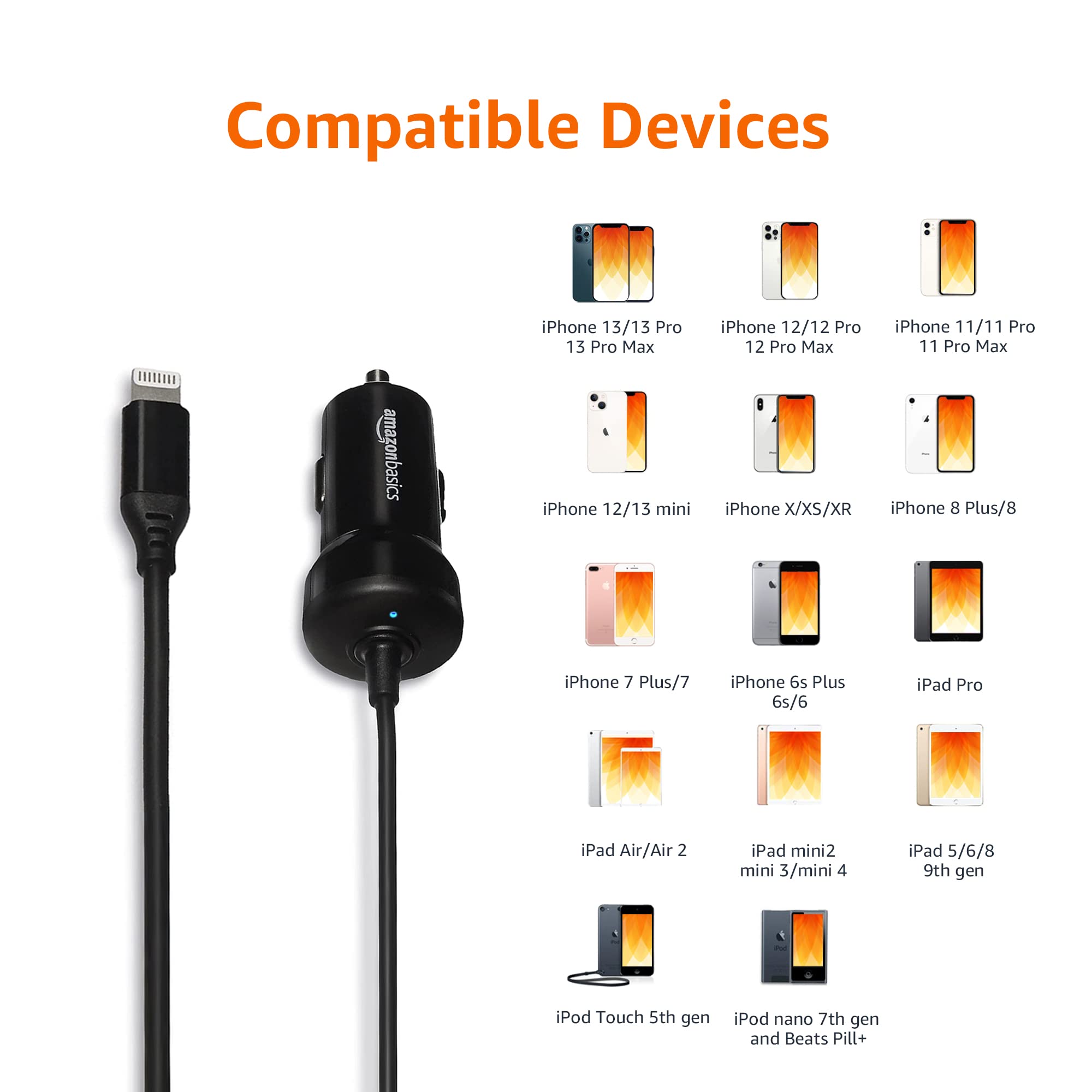 AmazonBasics Caricabatterie Auto Lightning 2,4A Nero 0,45m MFi