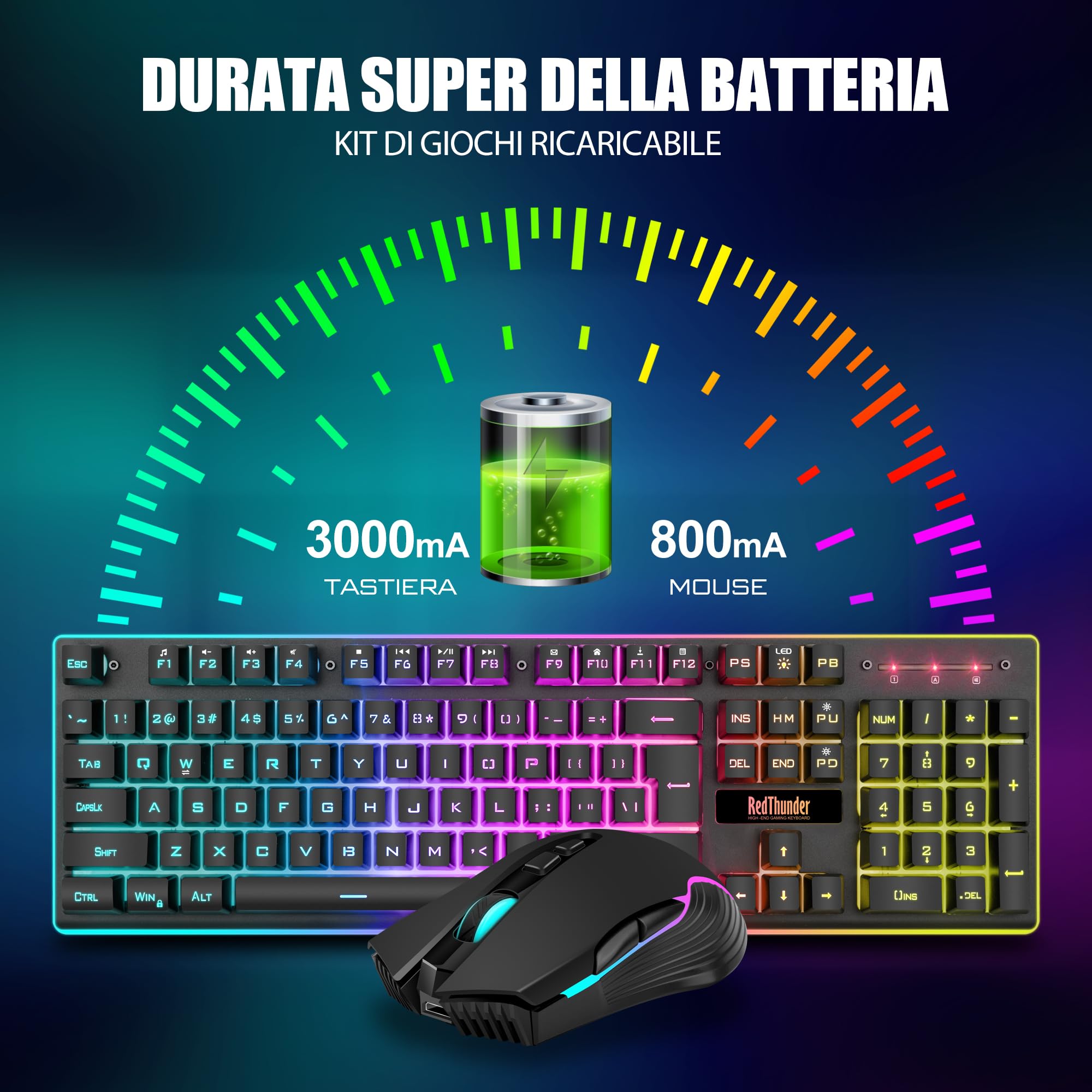 RedThunder K10 Set Tastiera Mouse Wireless RGB Nero IT
