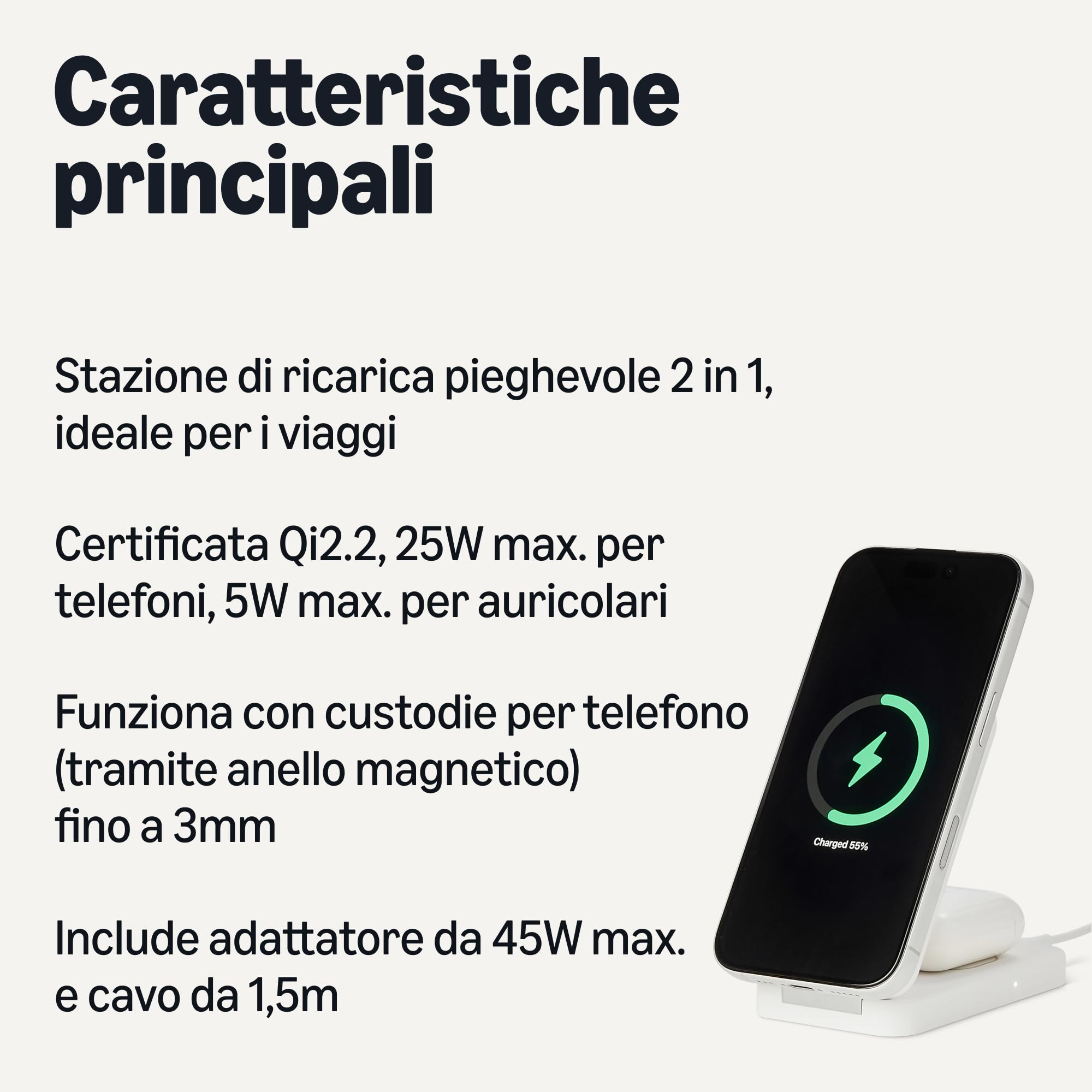 Amazon Basics Stazione Ricarica Wireless 2in1 25W Bianco