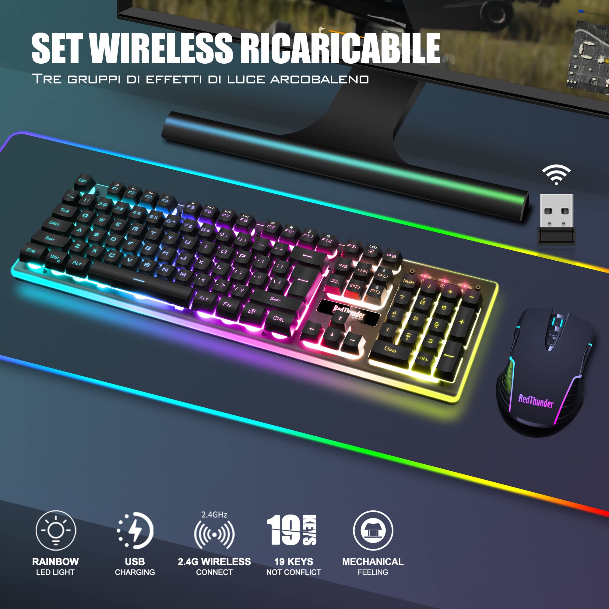 RedThunder K10 Set Tastiera Mouse Wireless RGB Nero IT