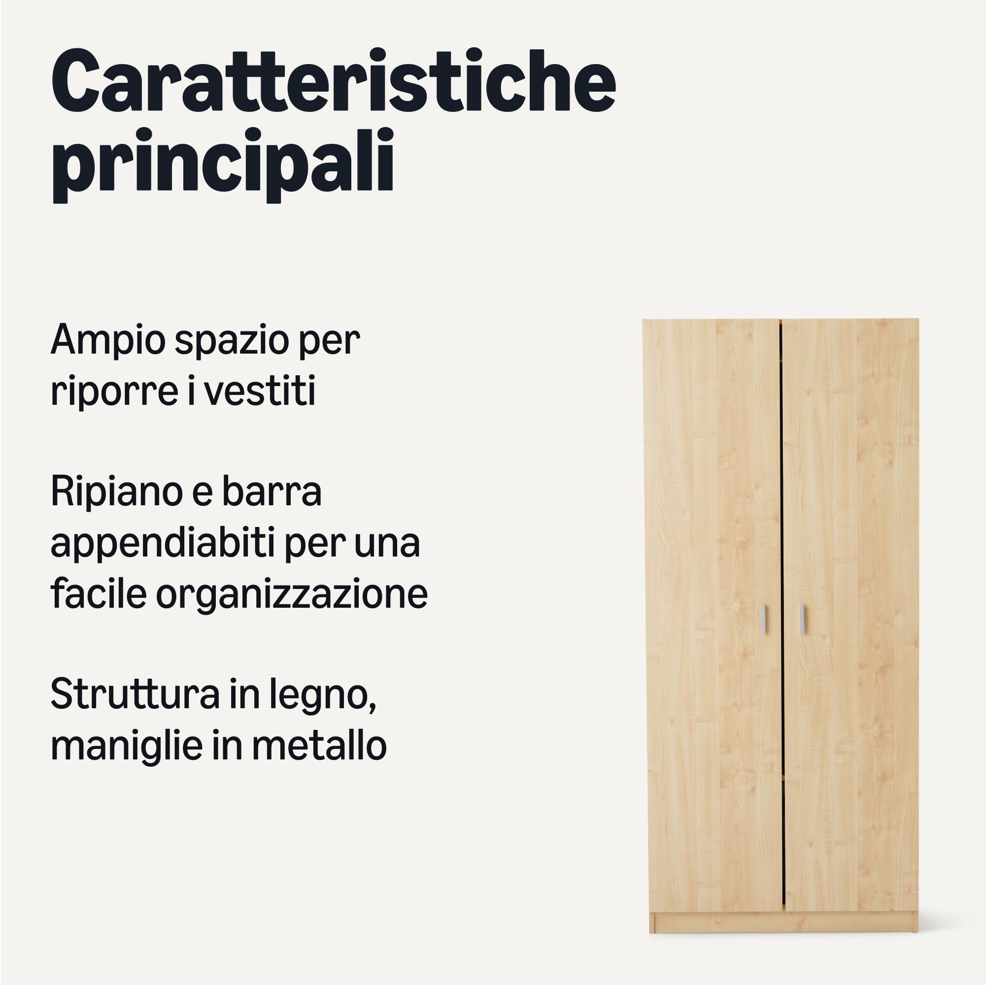 AmazonBasics Guardaroba Legno 2 Ante Quercia 80x180 cm