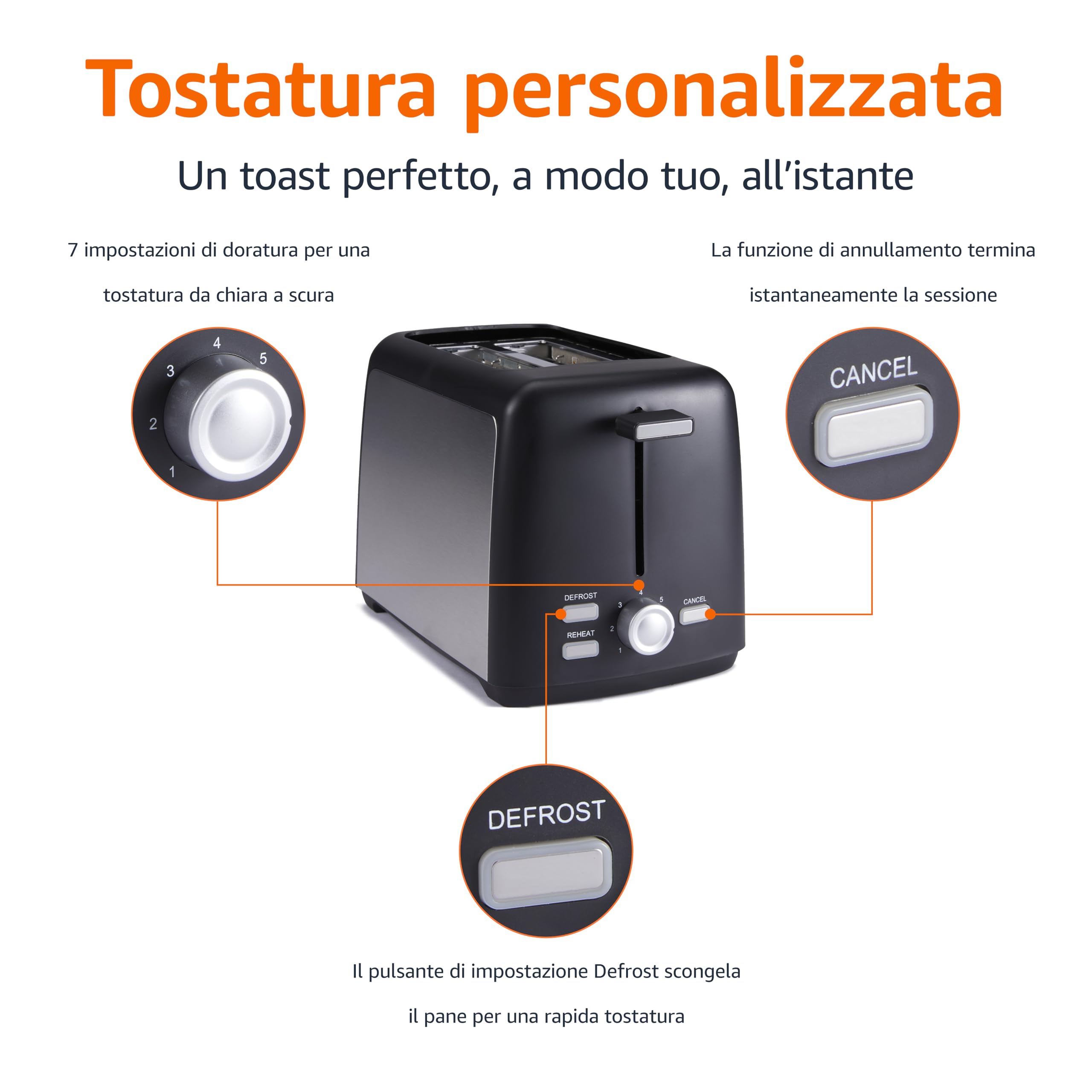 AmazonBasics Tostapane 2 Fette Nero 800W 7 Dorature