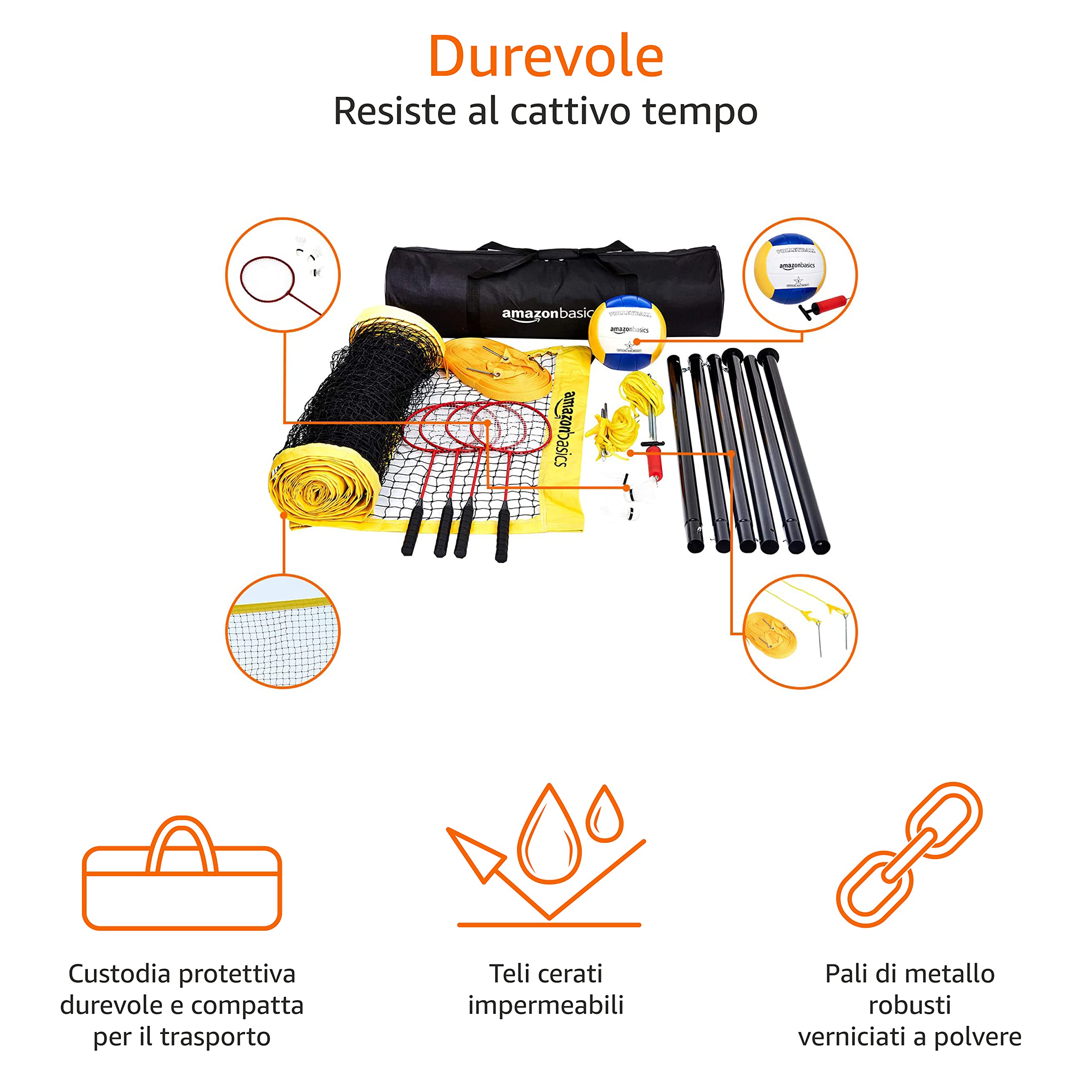 Amazon Basics set pallavolo e badminton da esterno con rete