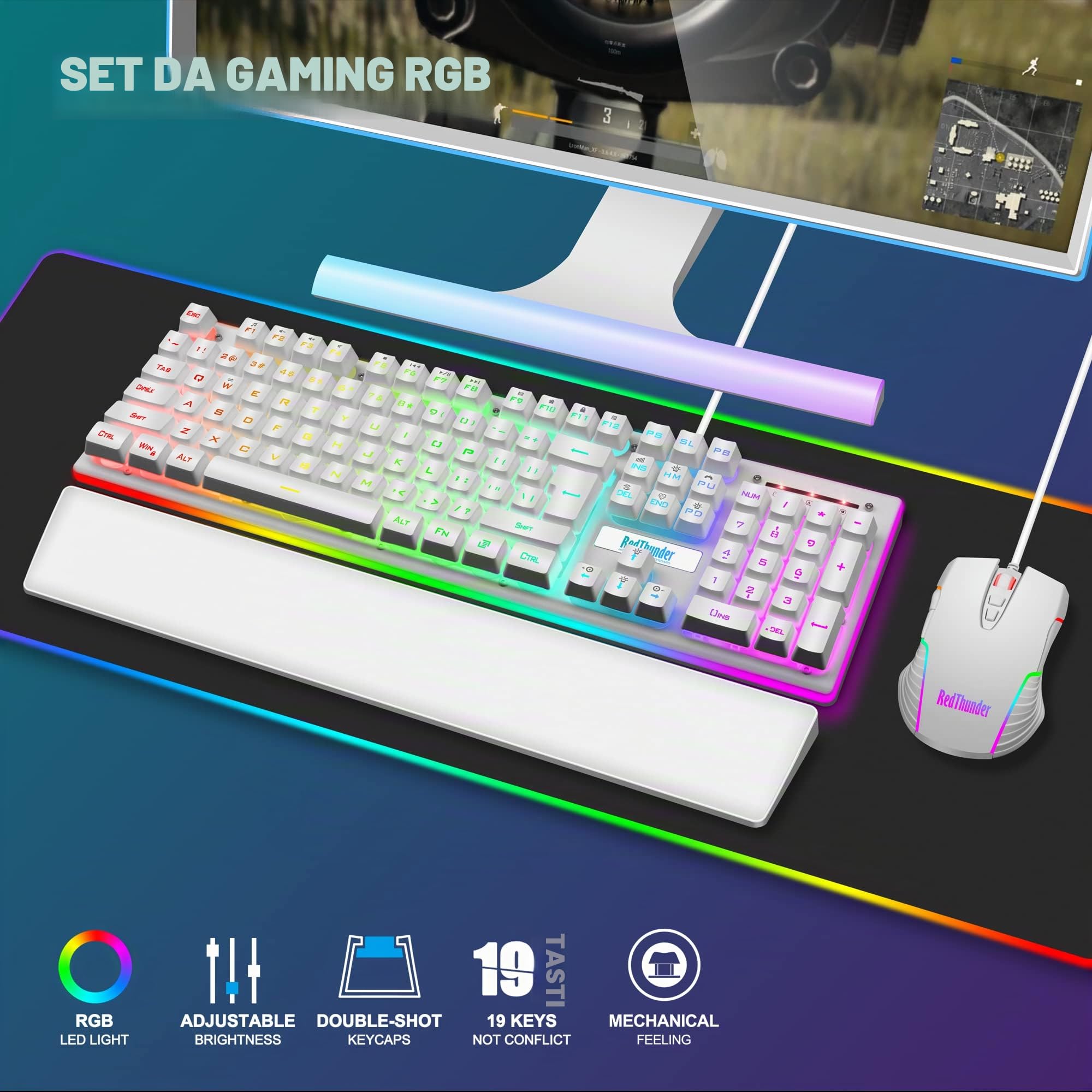 RedThunder K10 Combo Tastiera e Mouse Cablati Bianchi RGB
