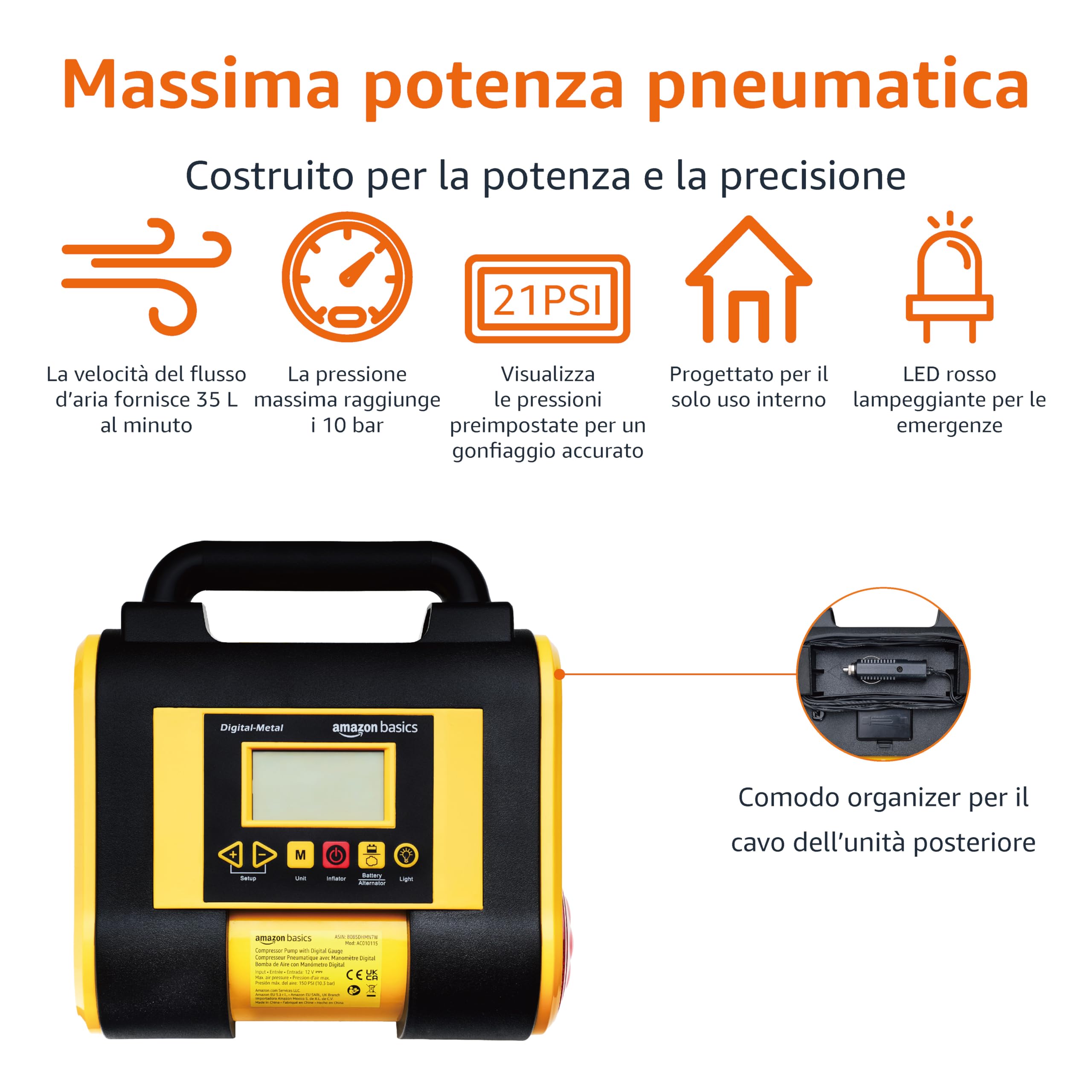 AmazonBasics Compressore Portatile 12V 150 PSI Nero con Manometro