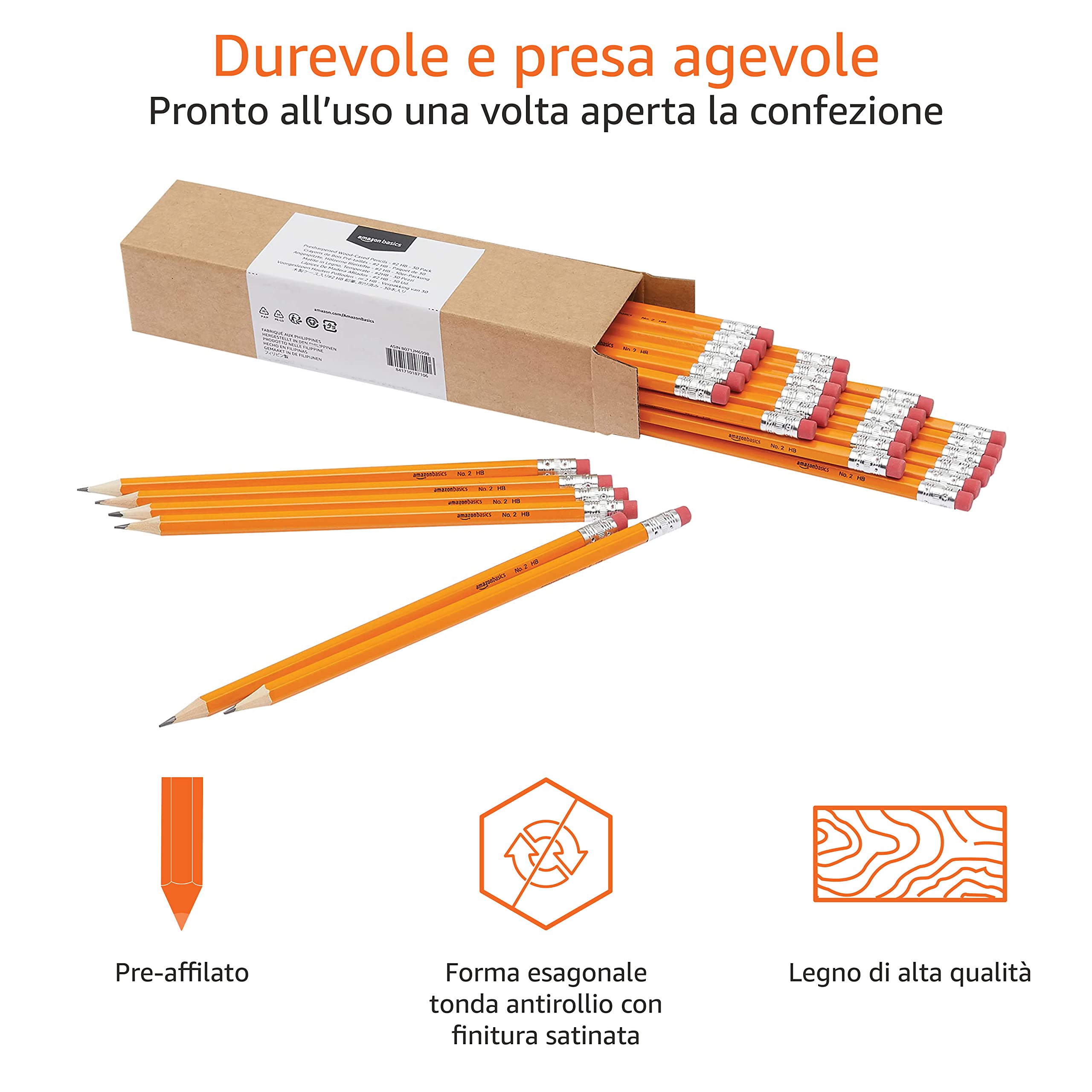 Amazon Basics Matite HB2 grafite 30 pezzi con gomma