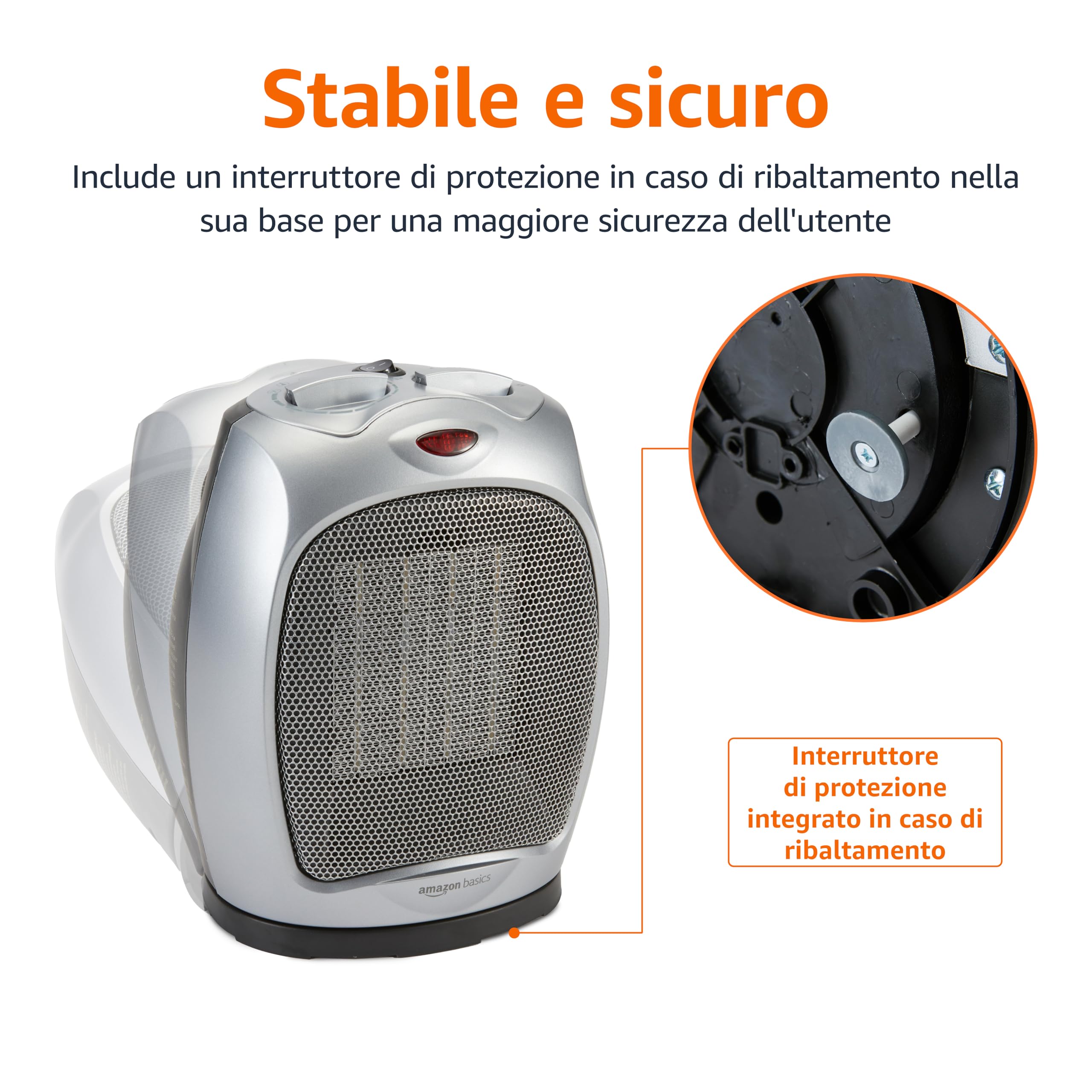 AmazonBasics Termoventilatore Ceramica Oscillante 1800W Argento