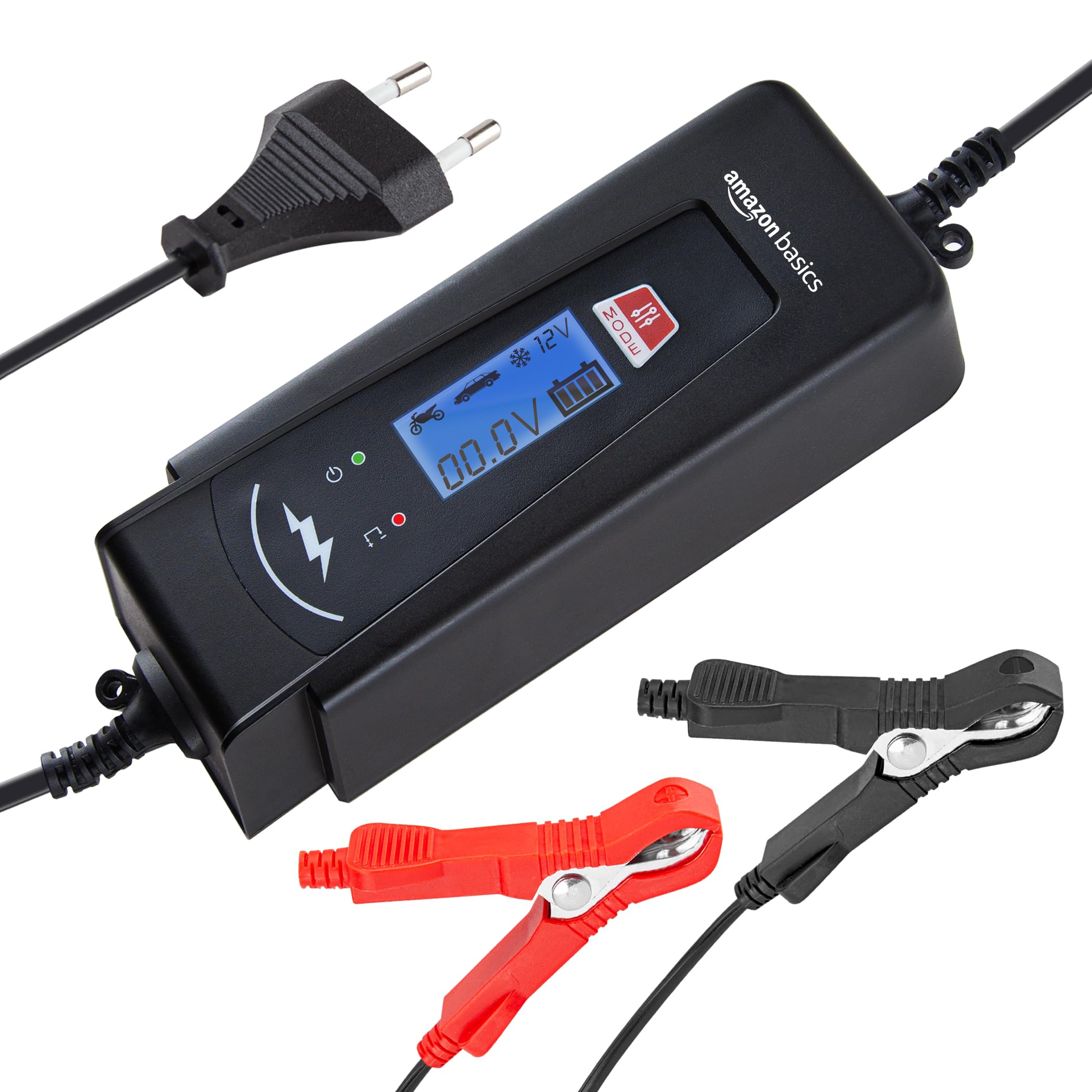 Amazon Basics Caricabatterie Auto 6V 12V 2A 4A Nero con Tester
