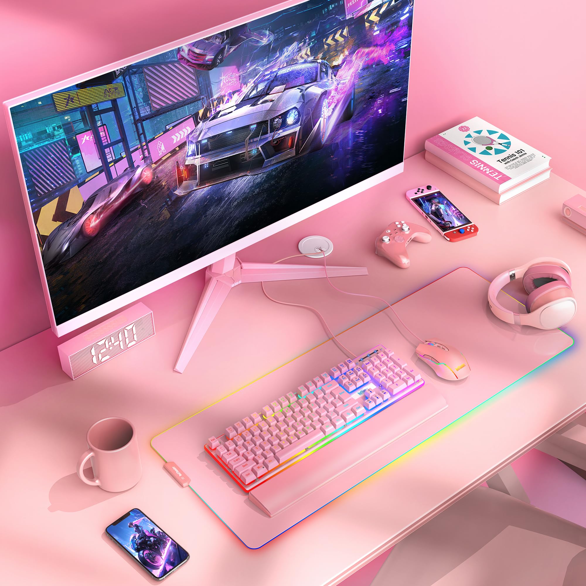 RedThunder K10 Combo Tastiera Mouse Gaming RGB Rosa