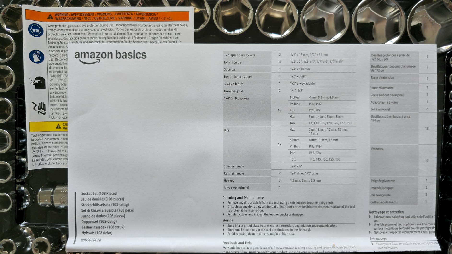 Amazon Basics Set Bussole 108 Pezzi con Cricchetto