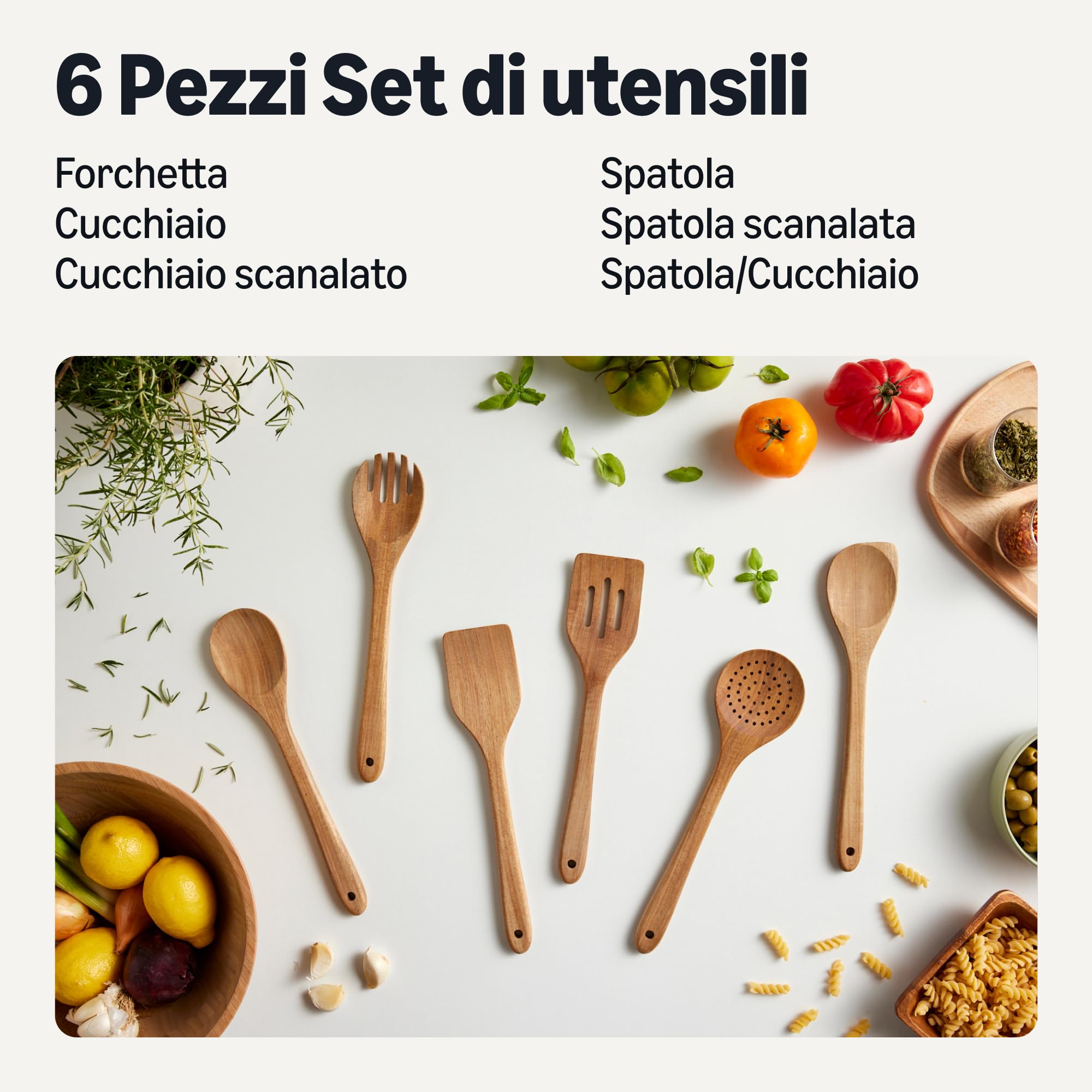 AmazonBasics Set Utensili Cucina Legno 6 Pezzi Acacia