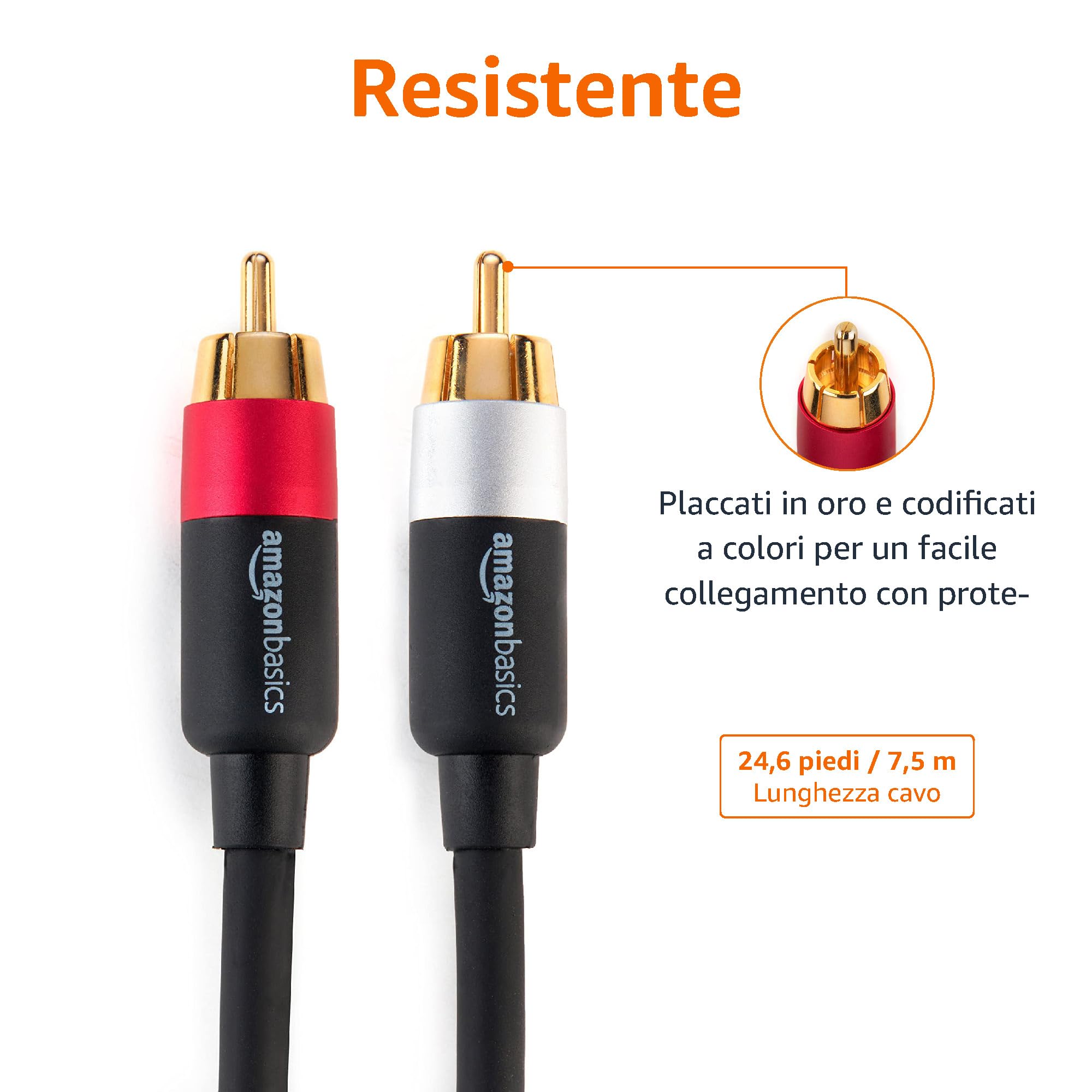Amazon Basics Cavo Audio RCA 2 Maschi 7,5 m Grigio Antracite