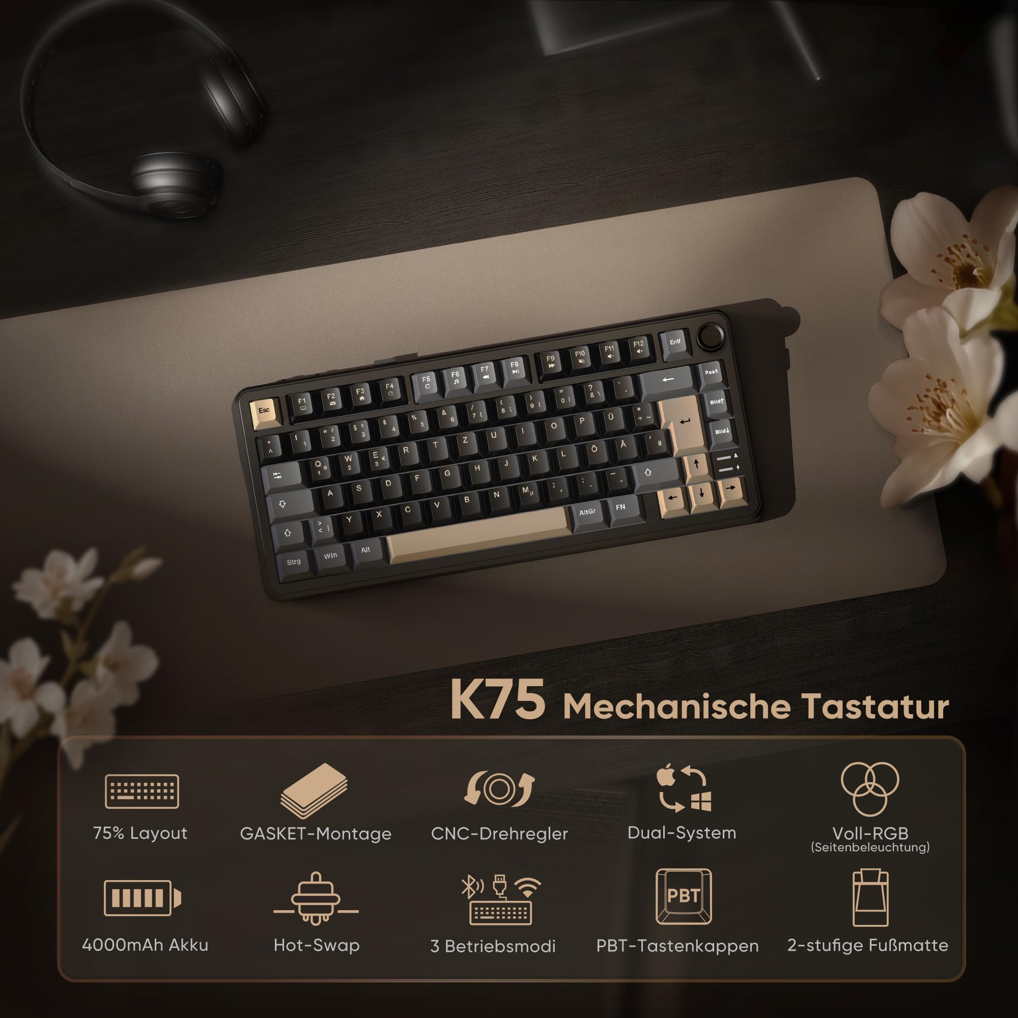 RedThunder K75 Tastiera Meccanica Gaming Wireless RGB DE