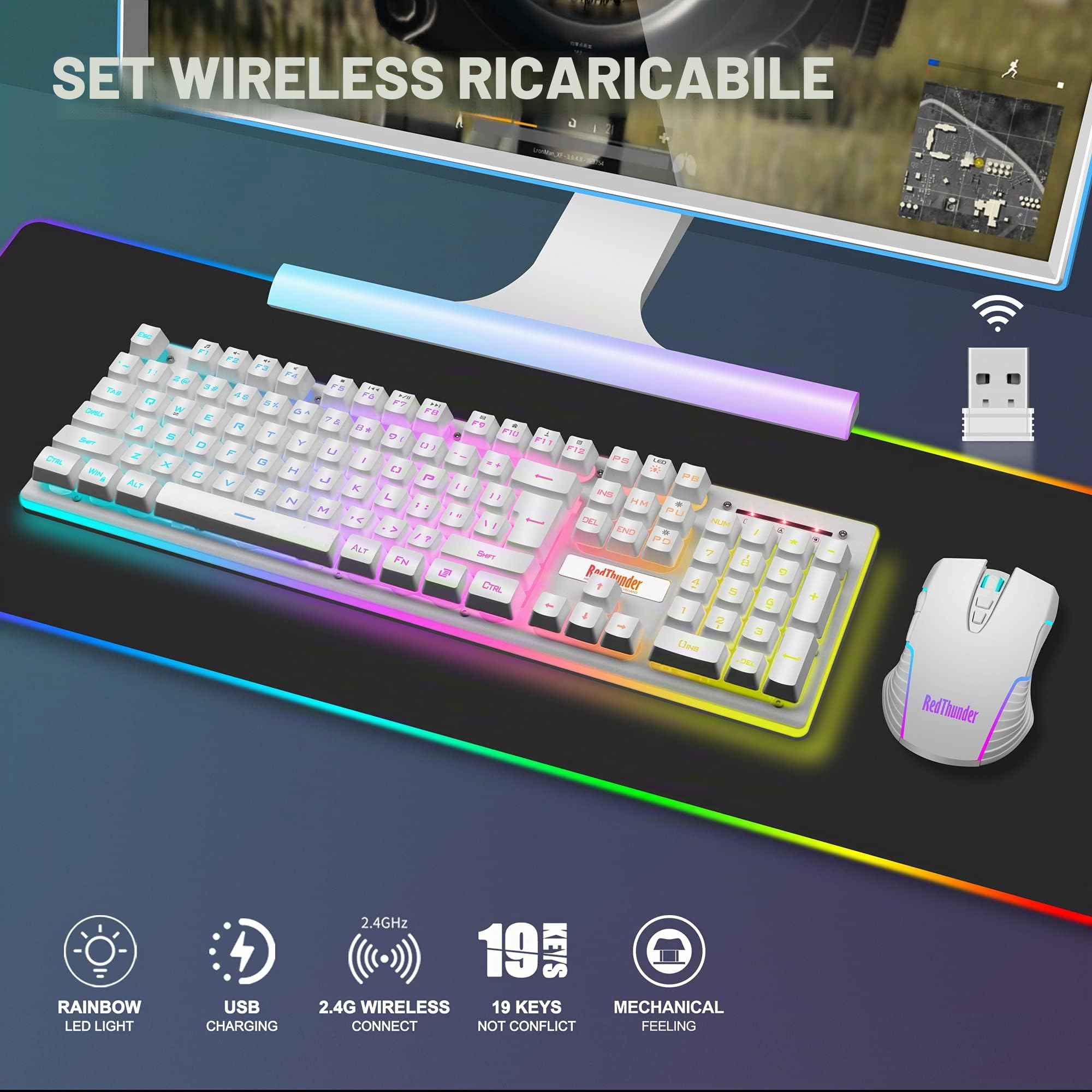 RedThunder K10 Combo Tastiera e Mouse Wireless Bianco LED