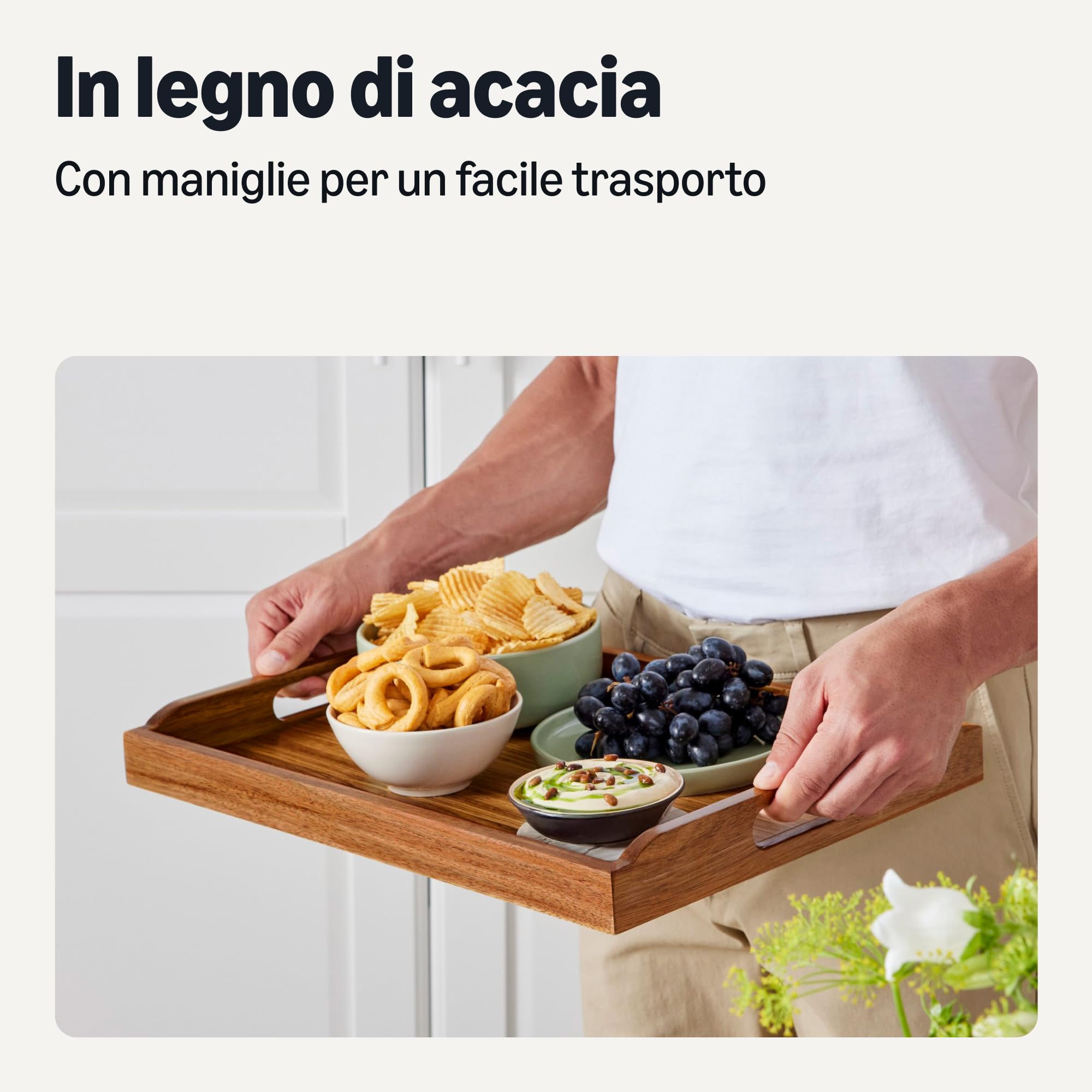 Amazon Basics Vassoio Portata Legno Acacia 43x30 cm con Manici