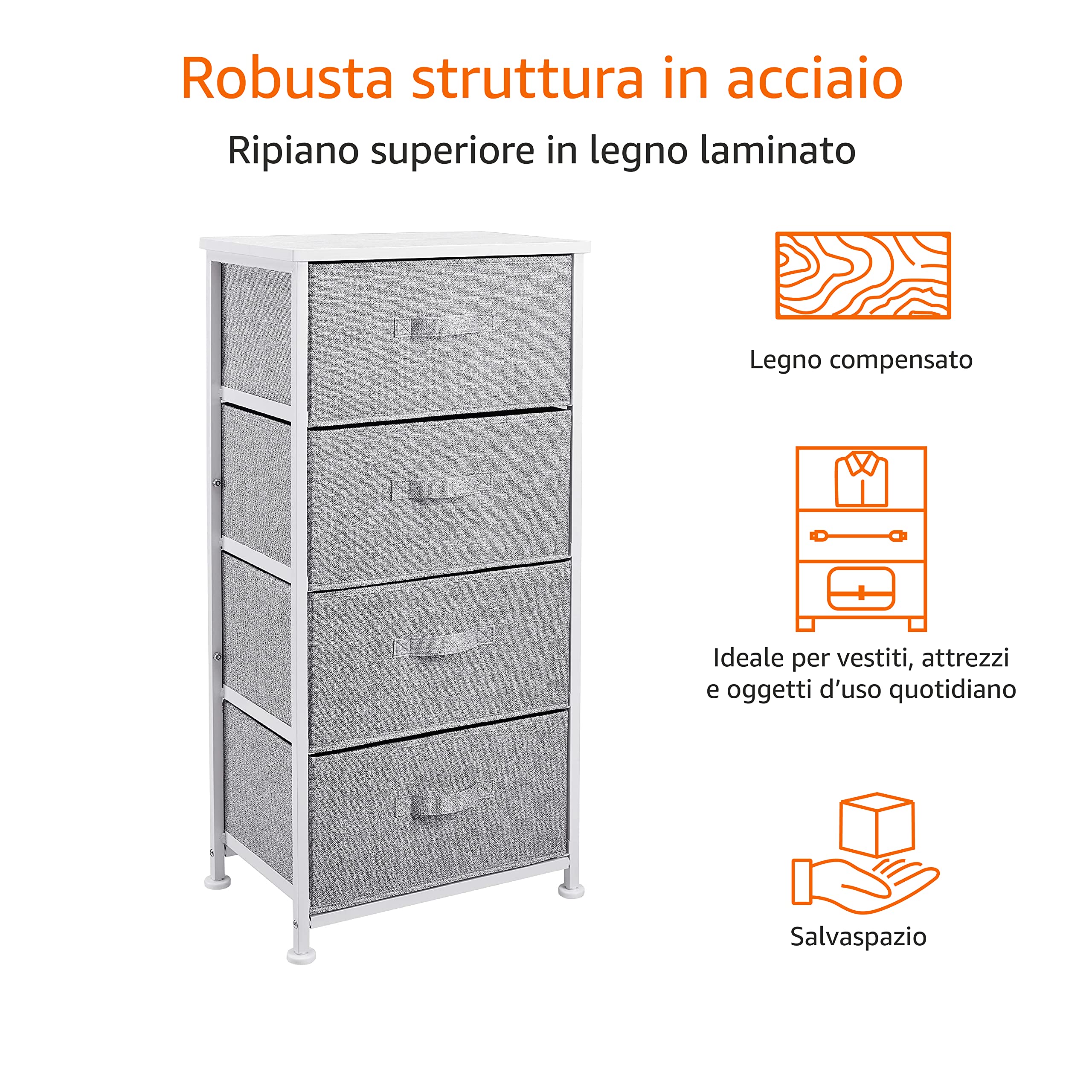 Amazon Basics Cassettiera 4 Cassetti Tessuto Bianco salvaspazio