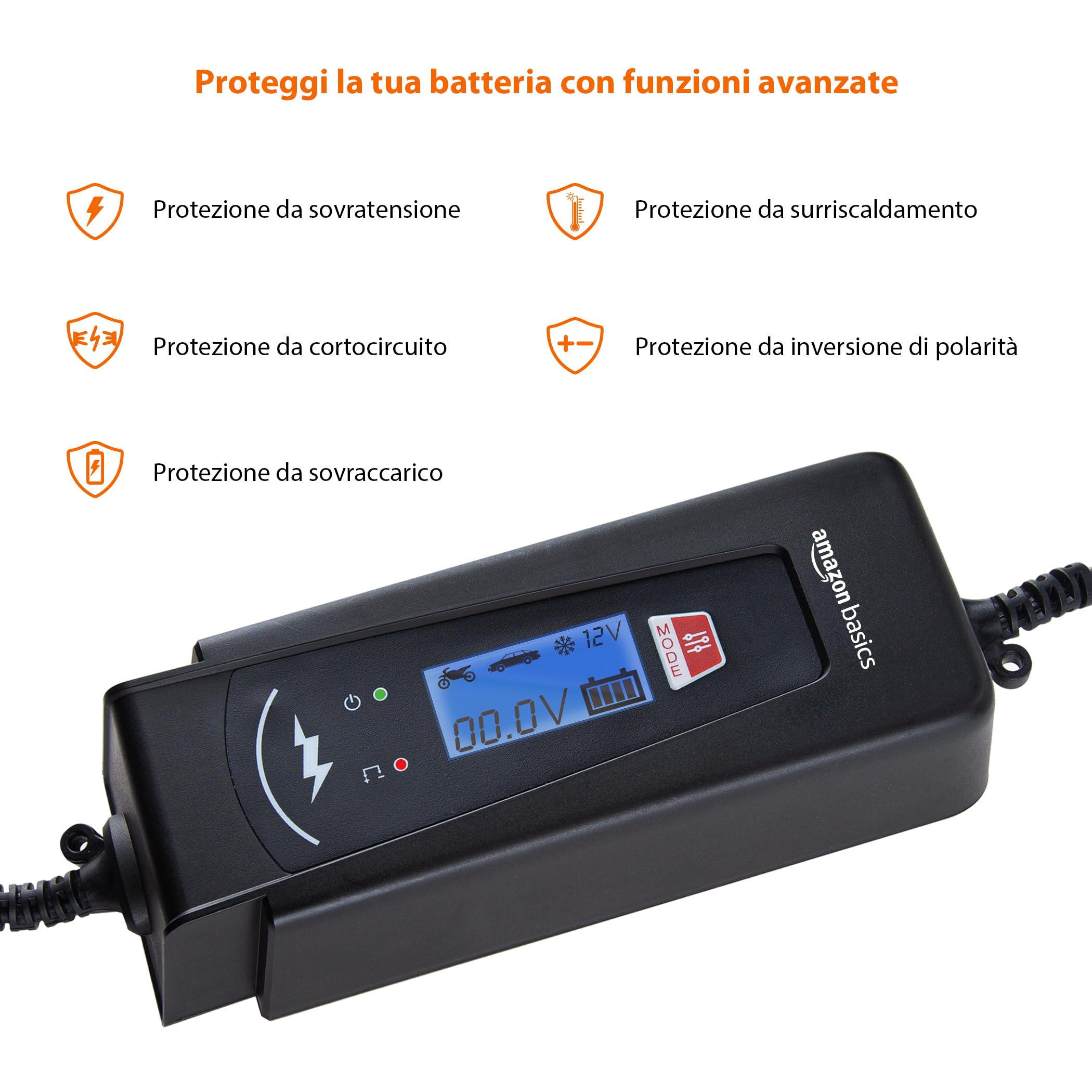 Amazon Basics Caricabatterie Auto 6V 12V 2A 4A Nero con Tester