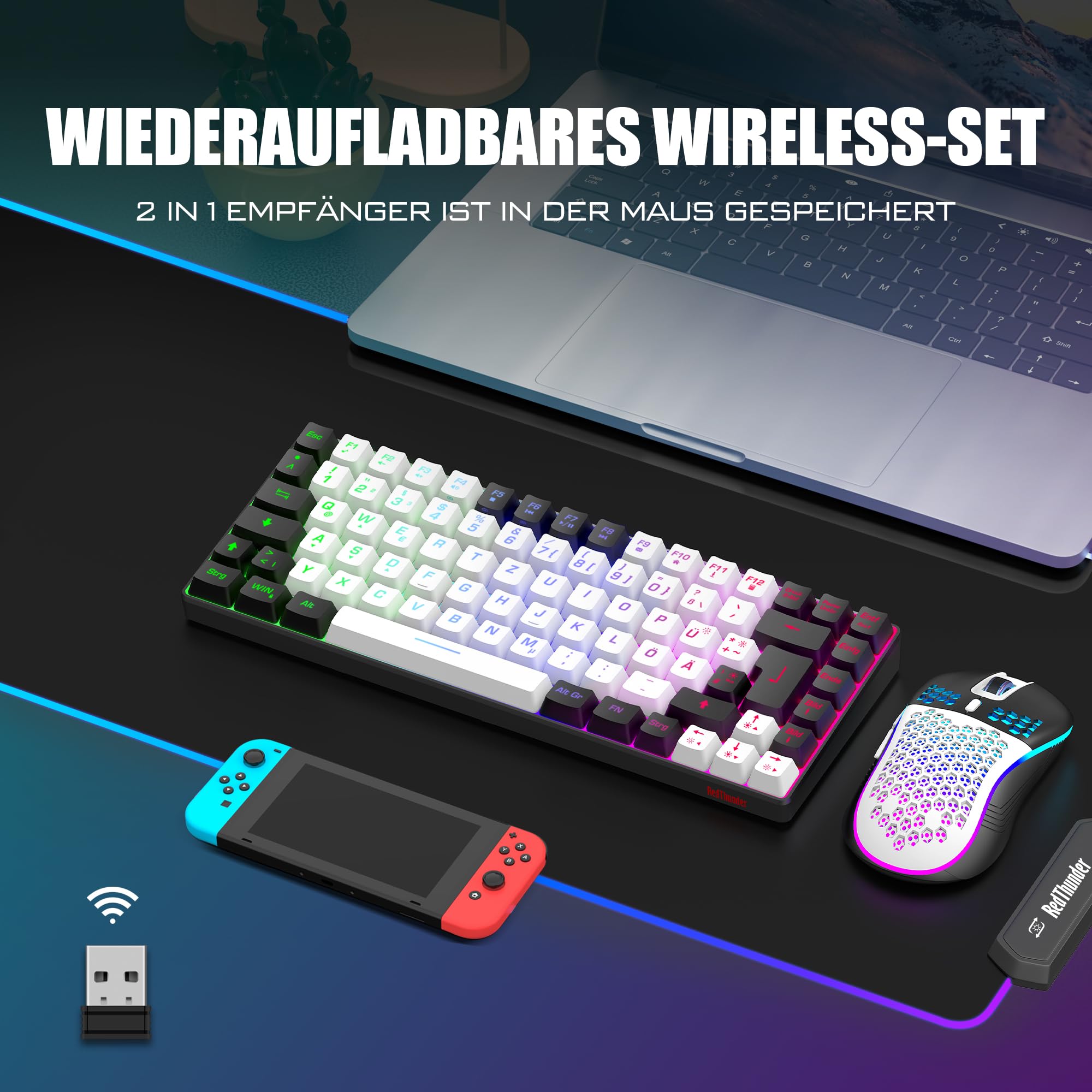 RedThunder K84 Combo Tastiera e Mouse Wireless Bianca-Nero 75%