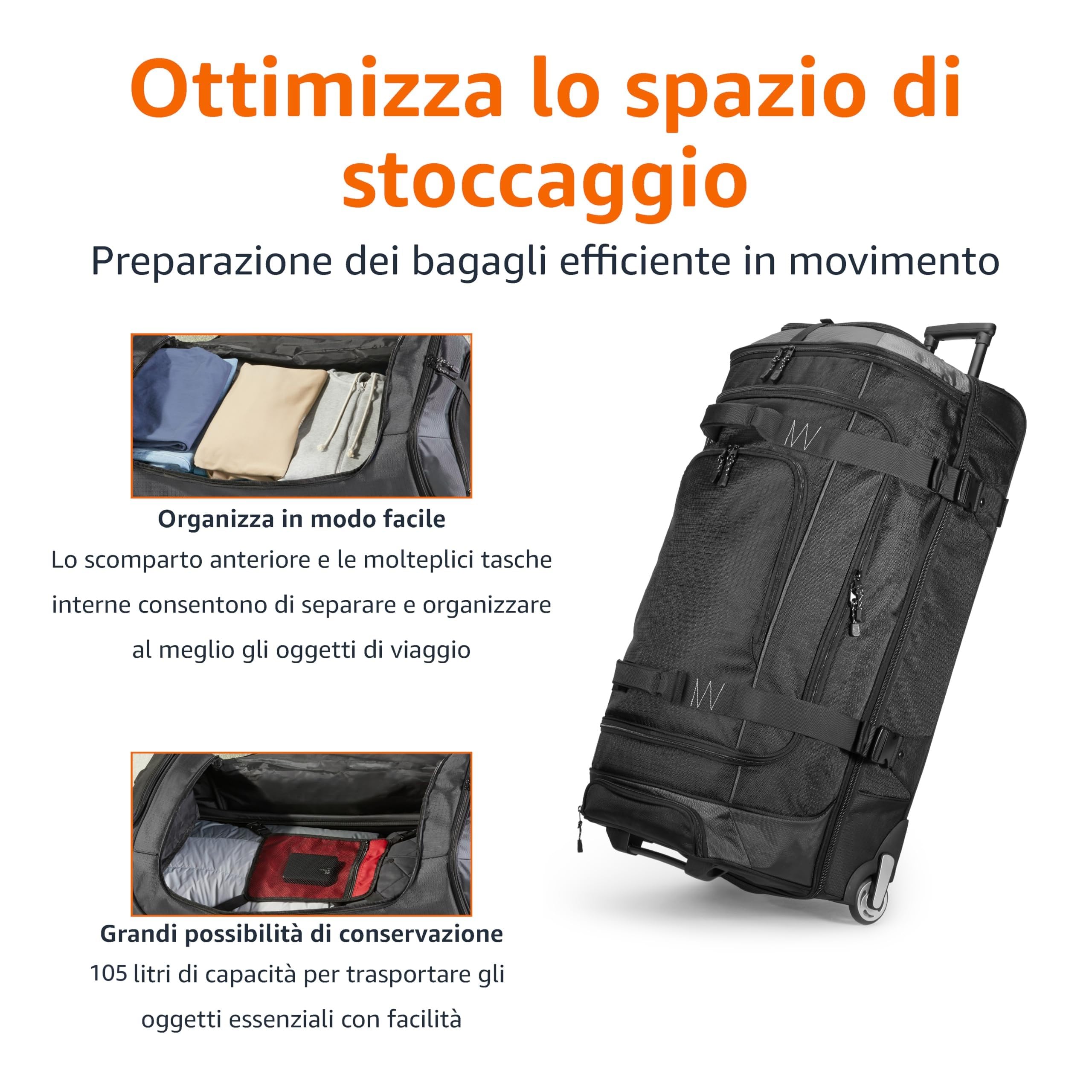 Amazon Basics Borsone con Ruote Medio 105L trolley nero