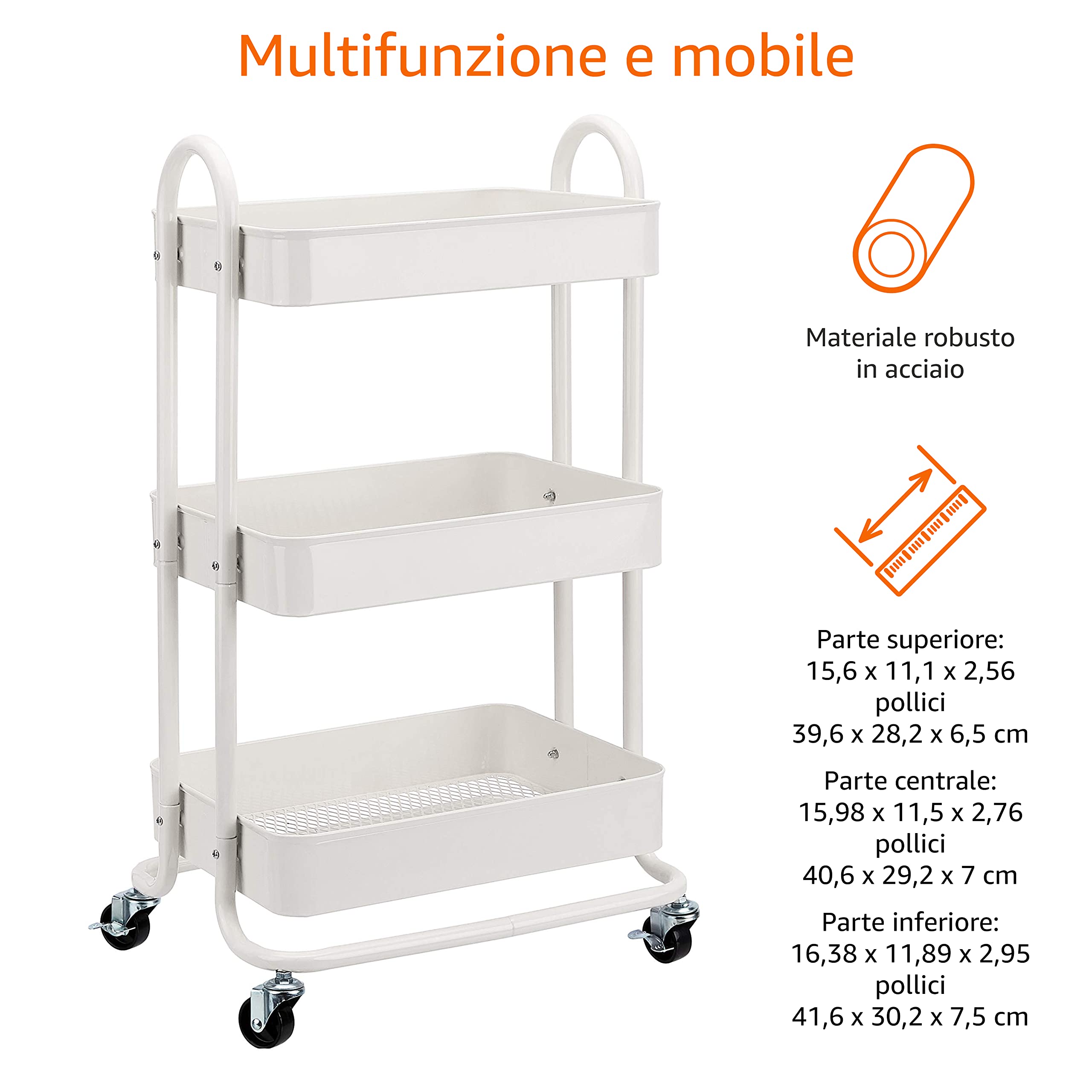 Amazon Basics Carrello 3 Ripiani con Ruote Bianco Cucina