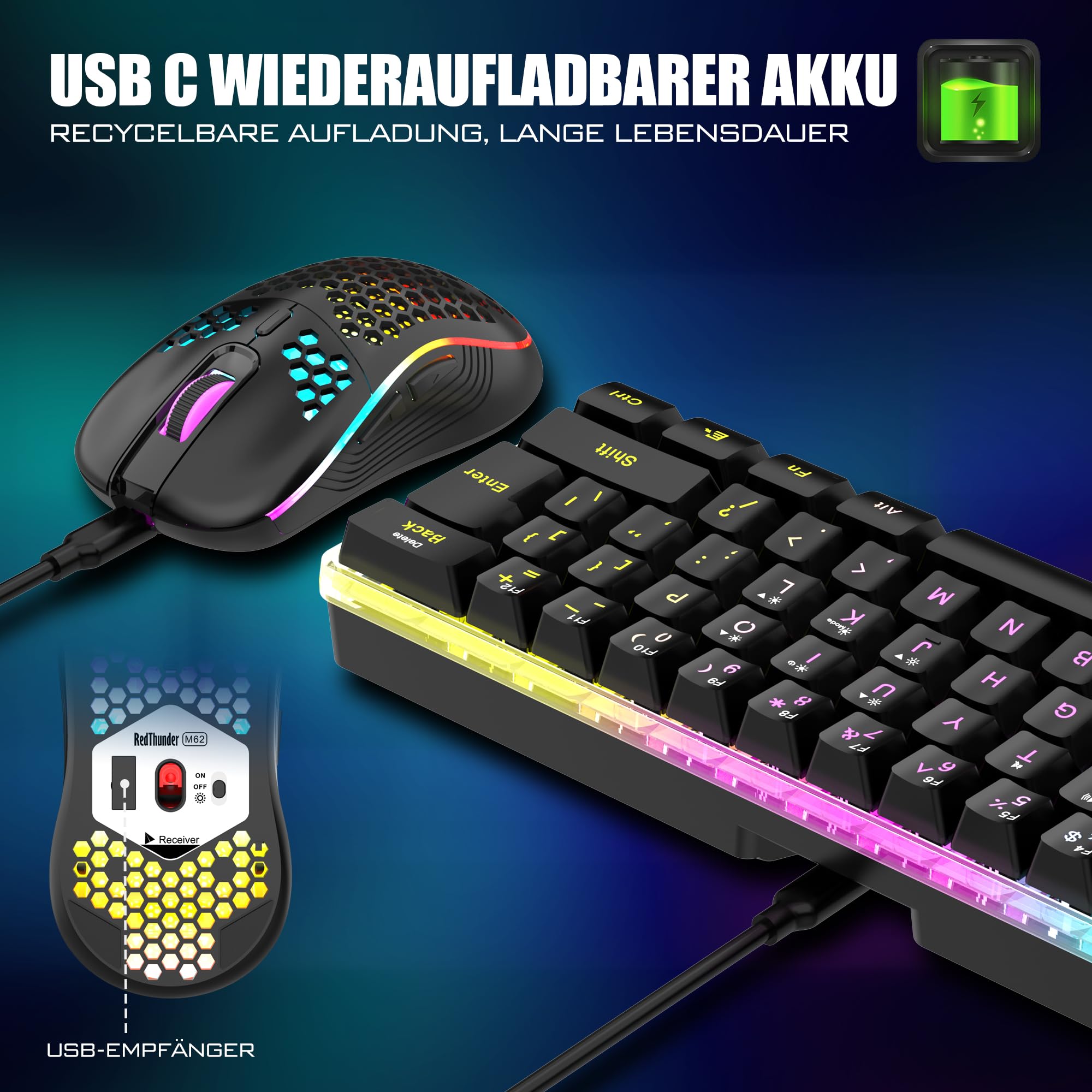 RedThunder K62 combo tastiera e mouse wireless 60% nero QWERTZ