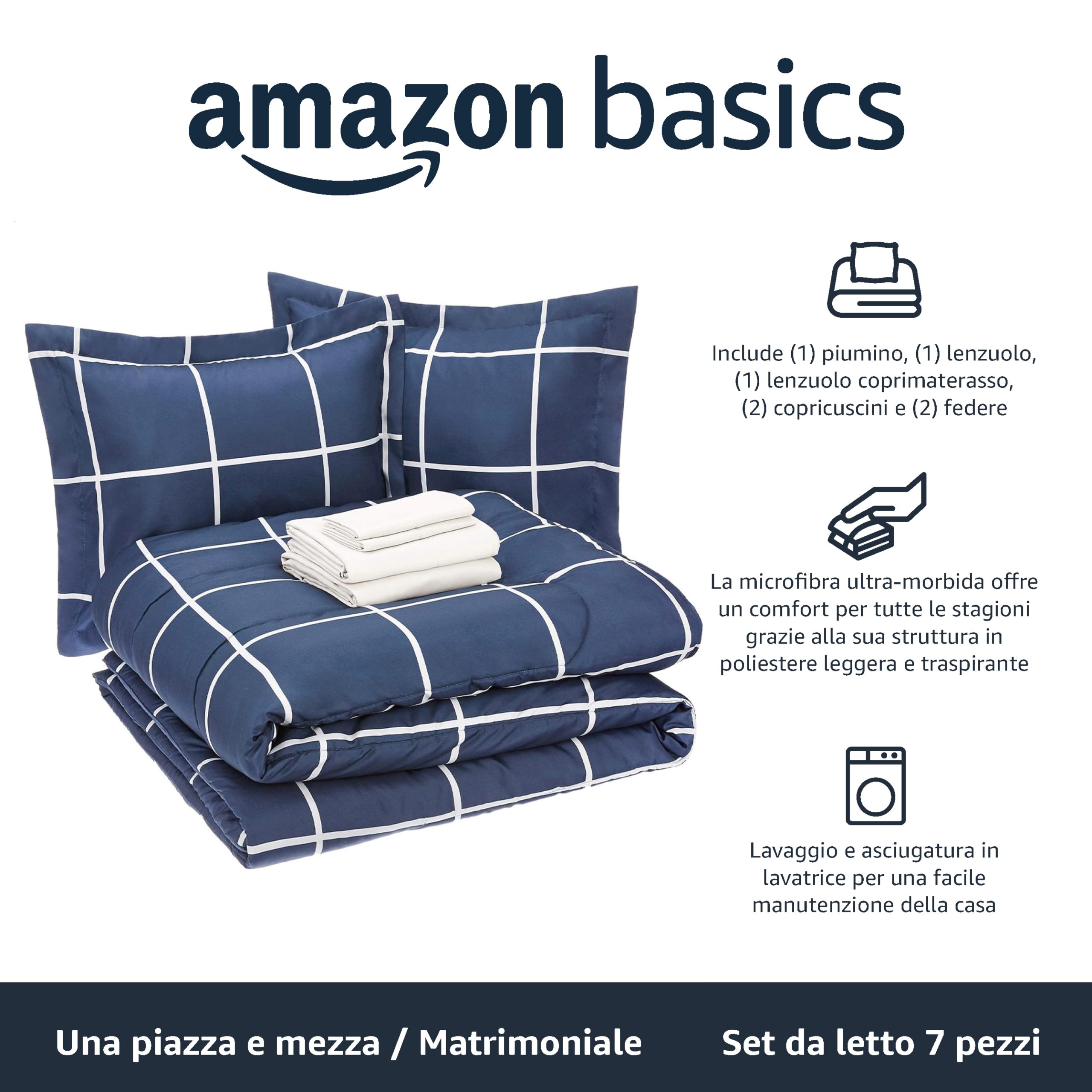 AmazonBasics Set Letto 7 Pezzi Full Queen Blu Marino Scozzese
