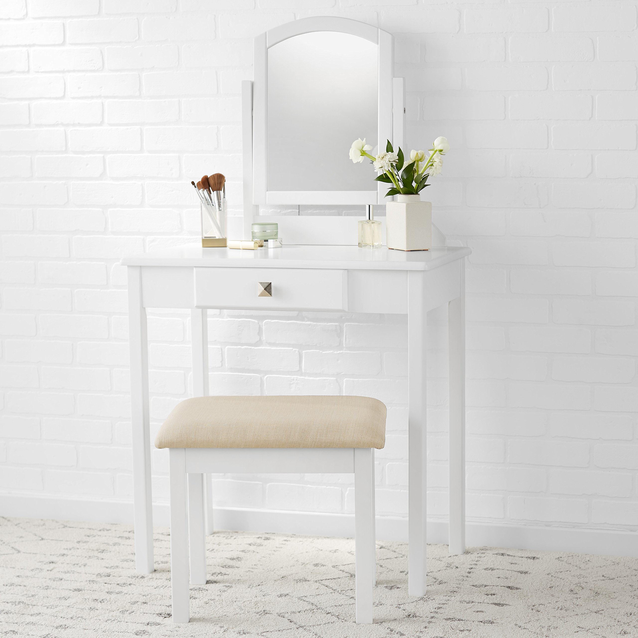 Amazon Basics Set Tavolo Toeletta Bianco con Sgabello e Specchio