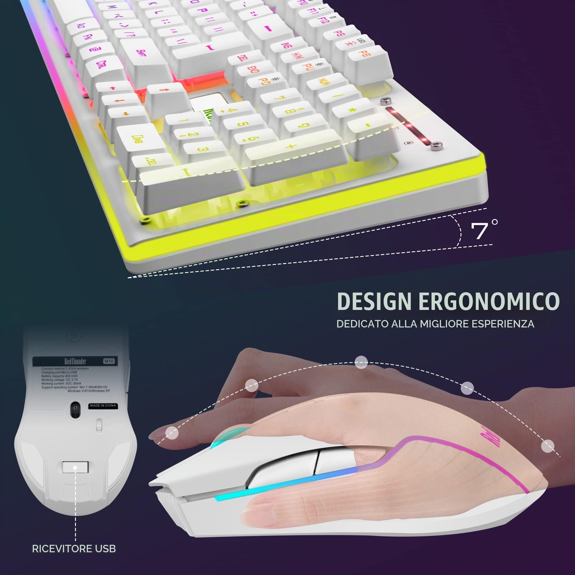 RedThunder K10 Combo Tastiera e Mouse Wireless Bianco LED