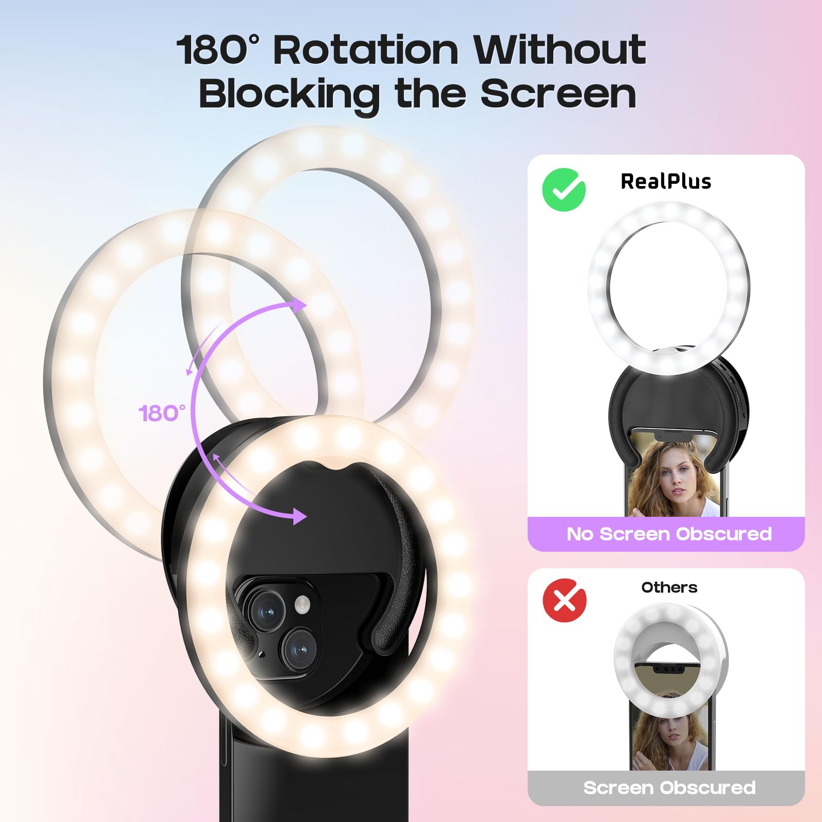 RealPlus Ring Light Ruotabile Luce Selfie Nero 40 LED Ricaricabile