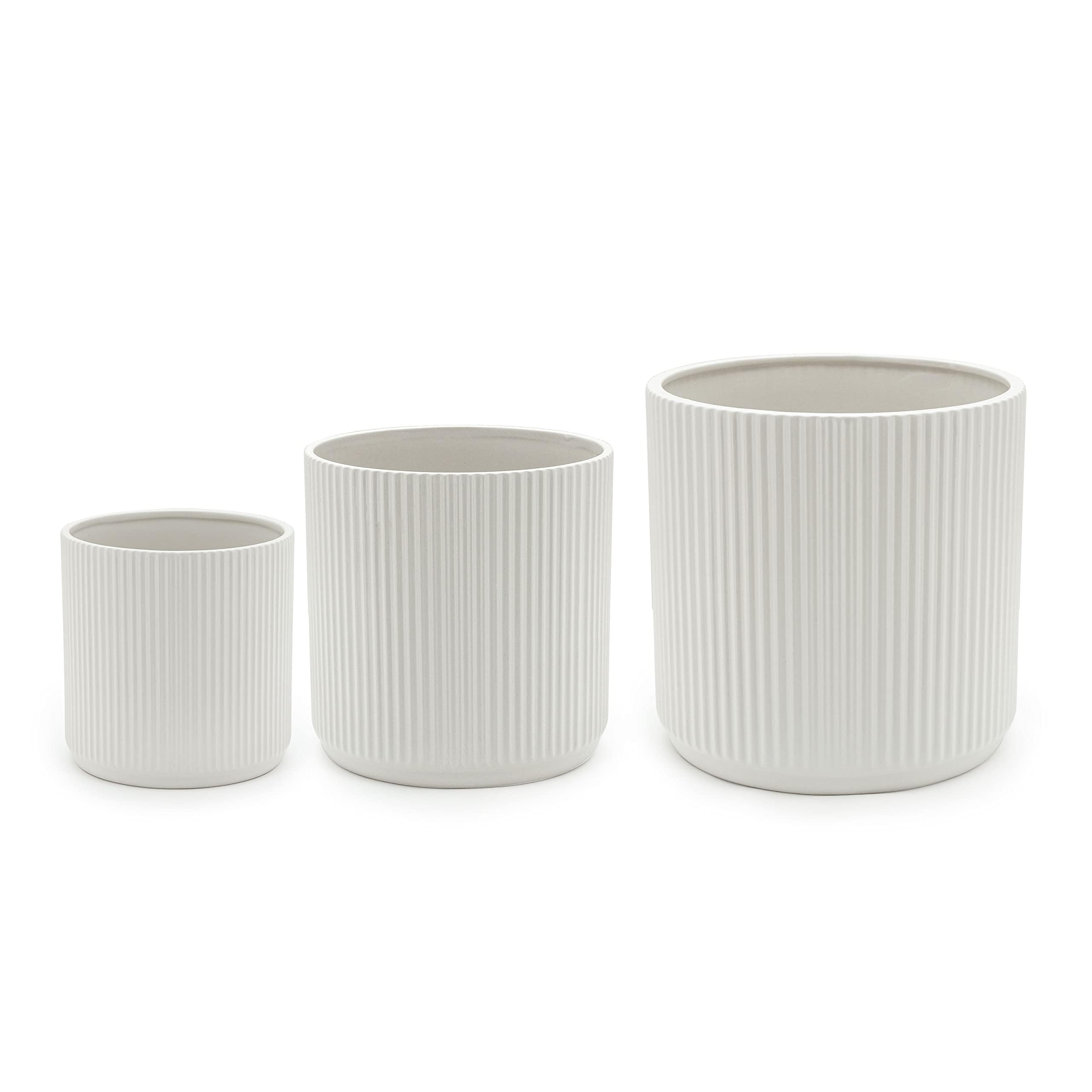 AmazonBasics Vasi Ceramica Scanalati Set 3 Bianco con Drenaggio