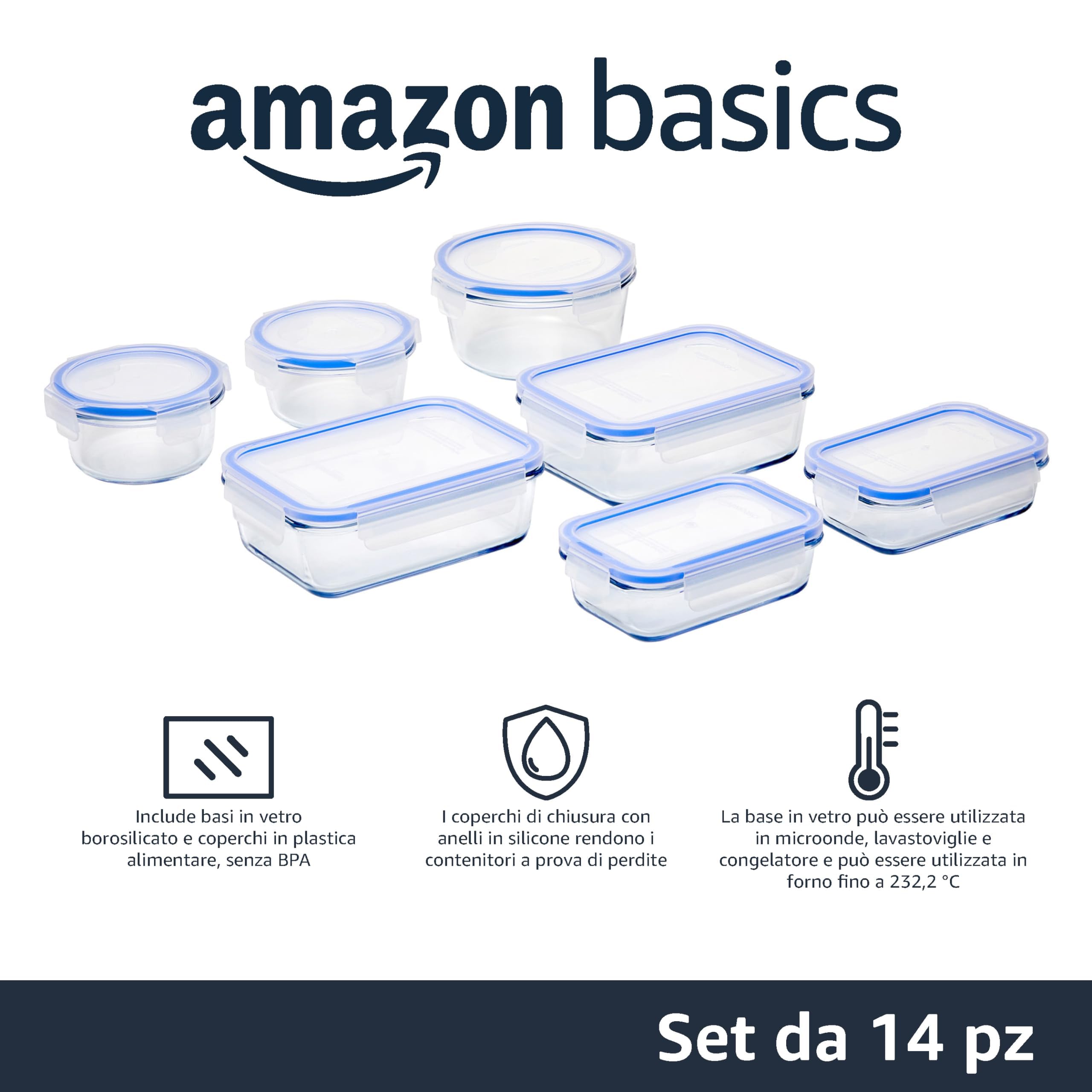 Amazon Basics Contenitori Vetro Ermetici 14 Pezzi 7+7 Coperchi Blu