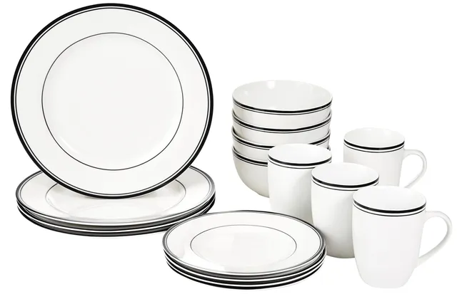 Amazon Basics servizio piatti porcellana 16 pezzi bianco bordo nero