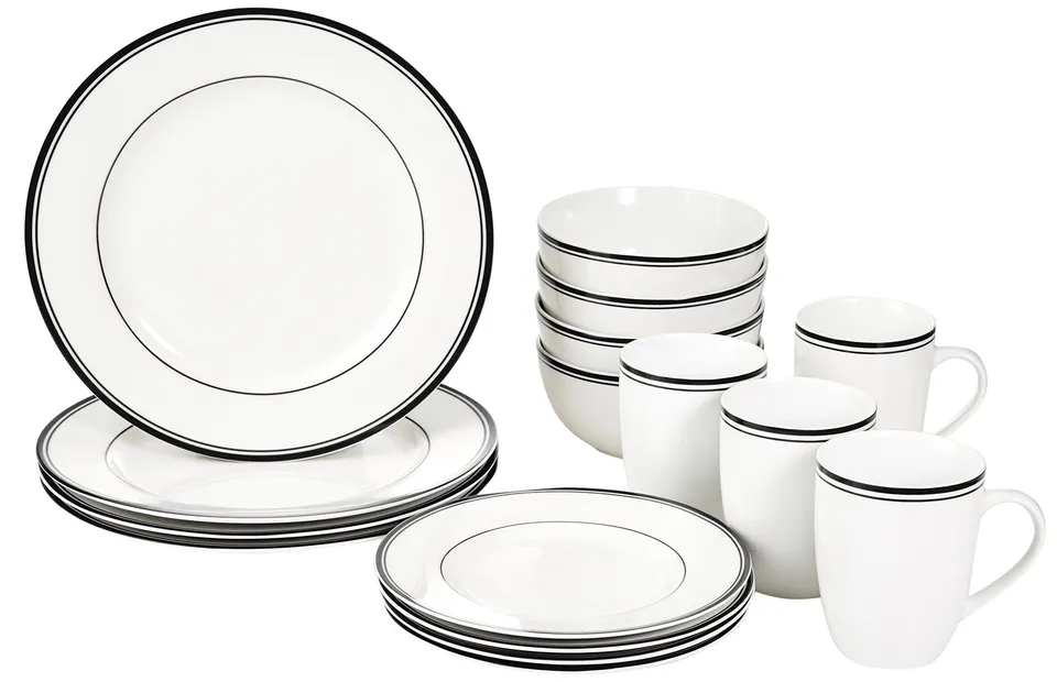 Amazon Basics servizio piatti porcellana 16 pezzi bianco bordo nero