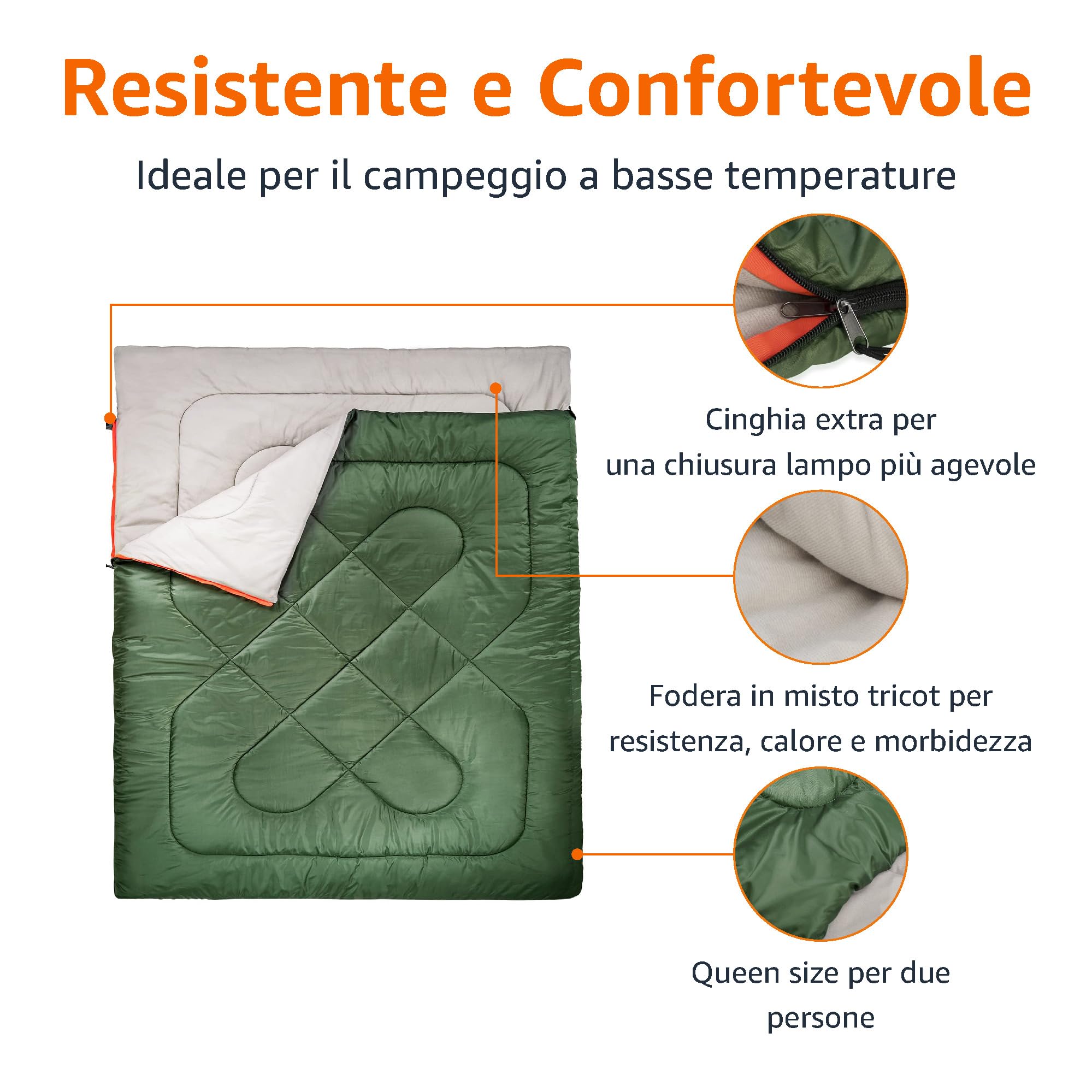 Amazon Basics Sacco a Pelo Matrimoniale 2 Persone Verde Oliva