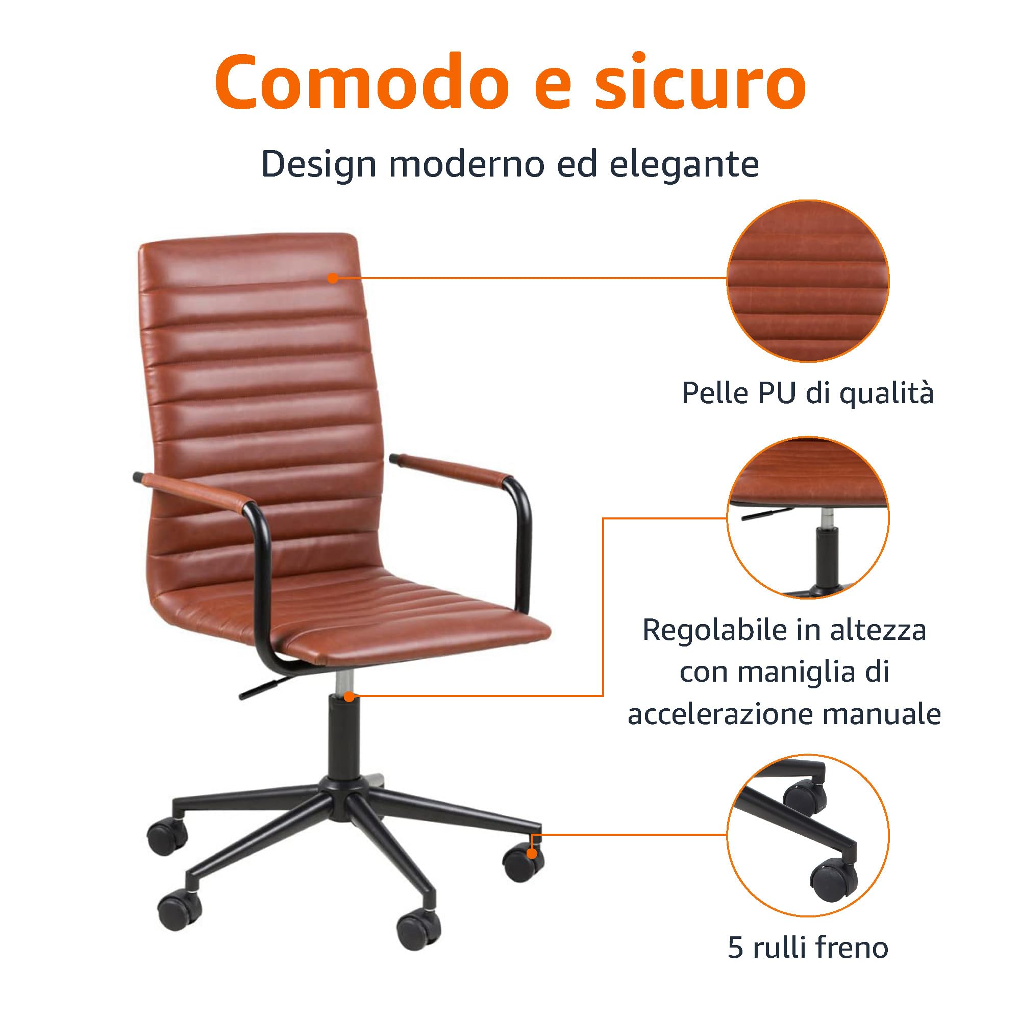 AmazonBasics Sedia Ufficio Ecopelle Marrone con Rotelle