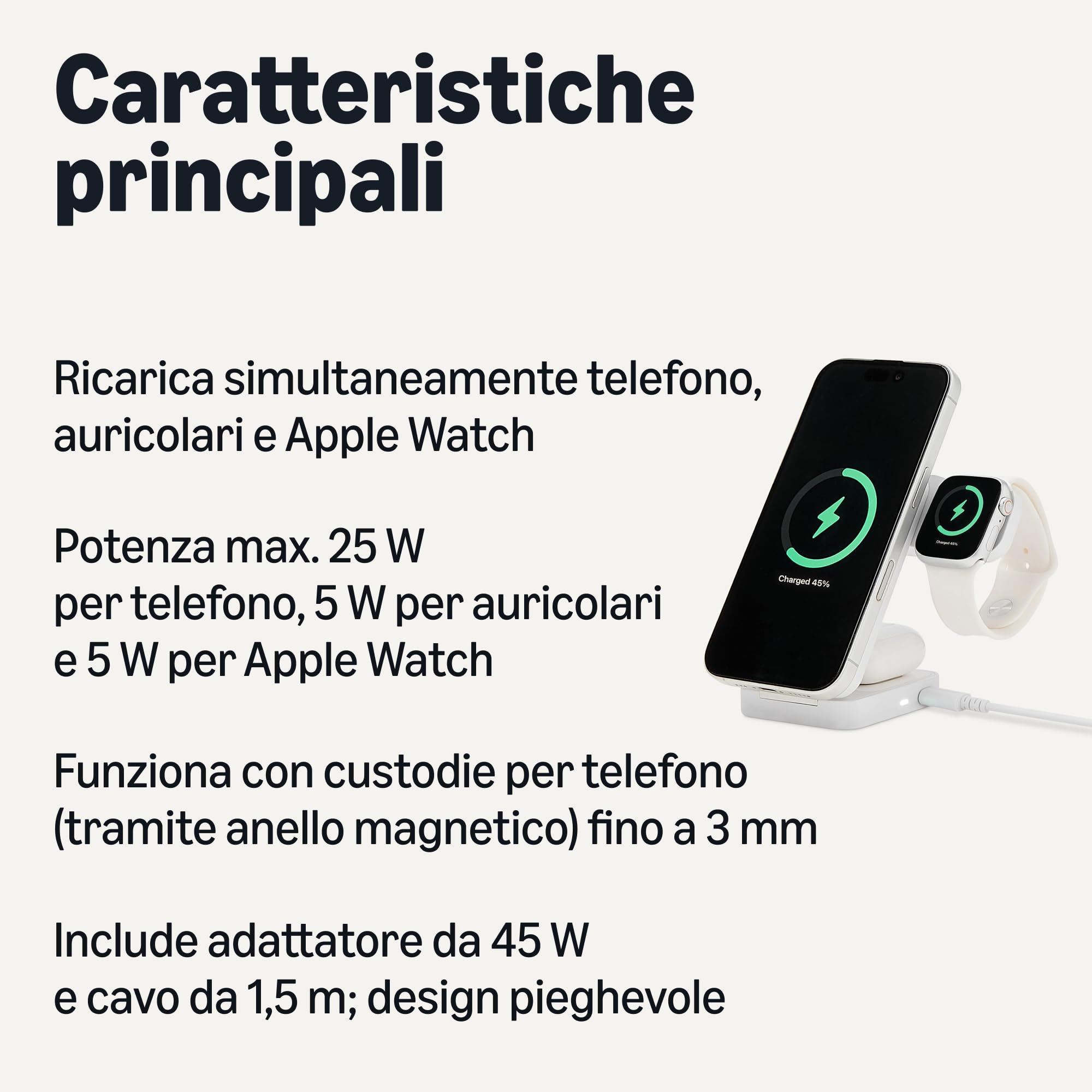 Amazon Basics Stazione Ricarica Wireless 3 in 1 Qi2.2 25W Bianco
