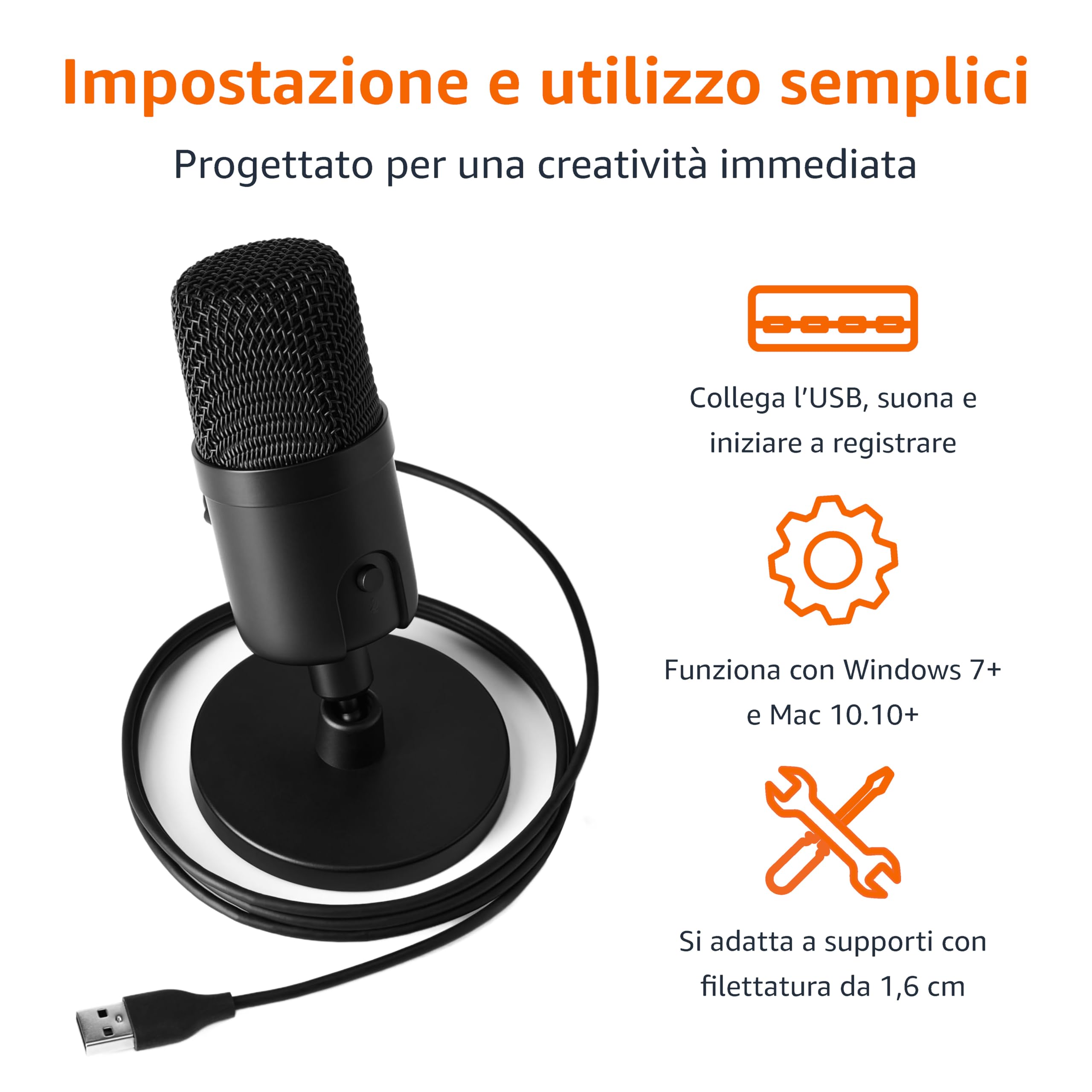 AmazonBasics Microfono USB a Condensatore Nero Cardioide
