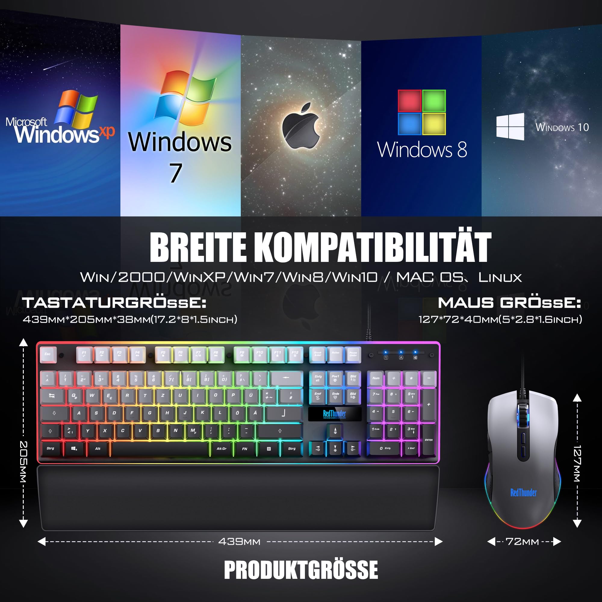 RedThunder K10 kit tastiera e mouse gaming grigio gradiente ergonomico
