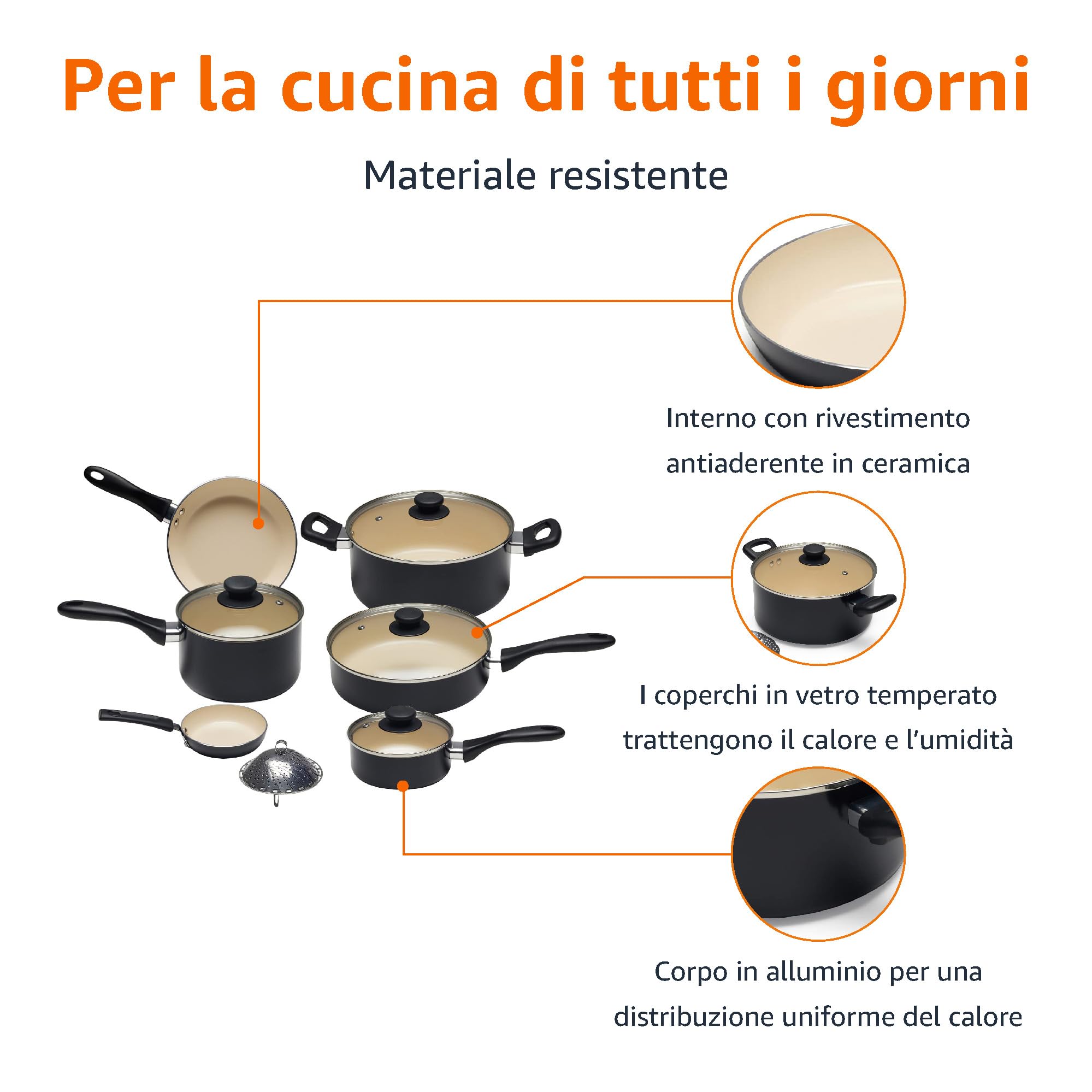 Amazon Basics Batteria Pentole Antiaderente 11 Pezzi Nero Crema