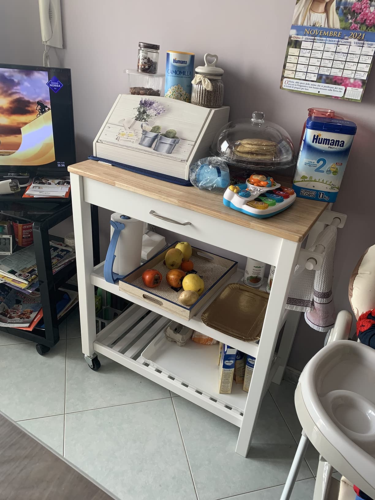 AmazonBasics Carrello Cucina con Ruote Ciliegio e Nero