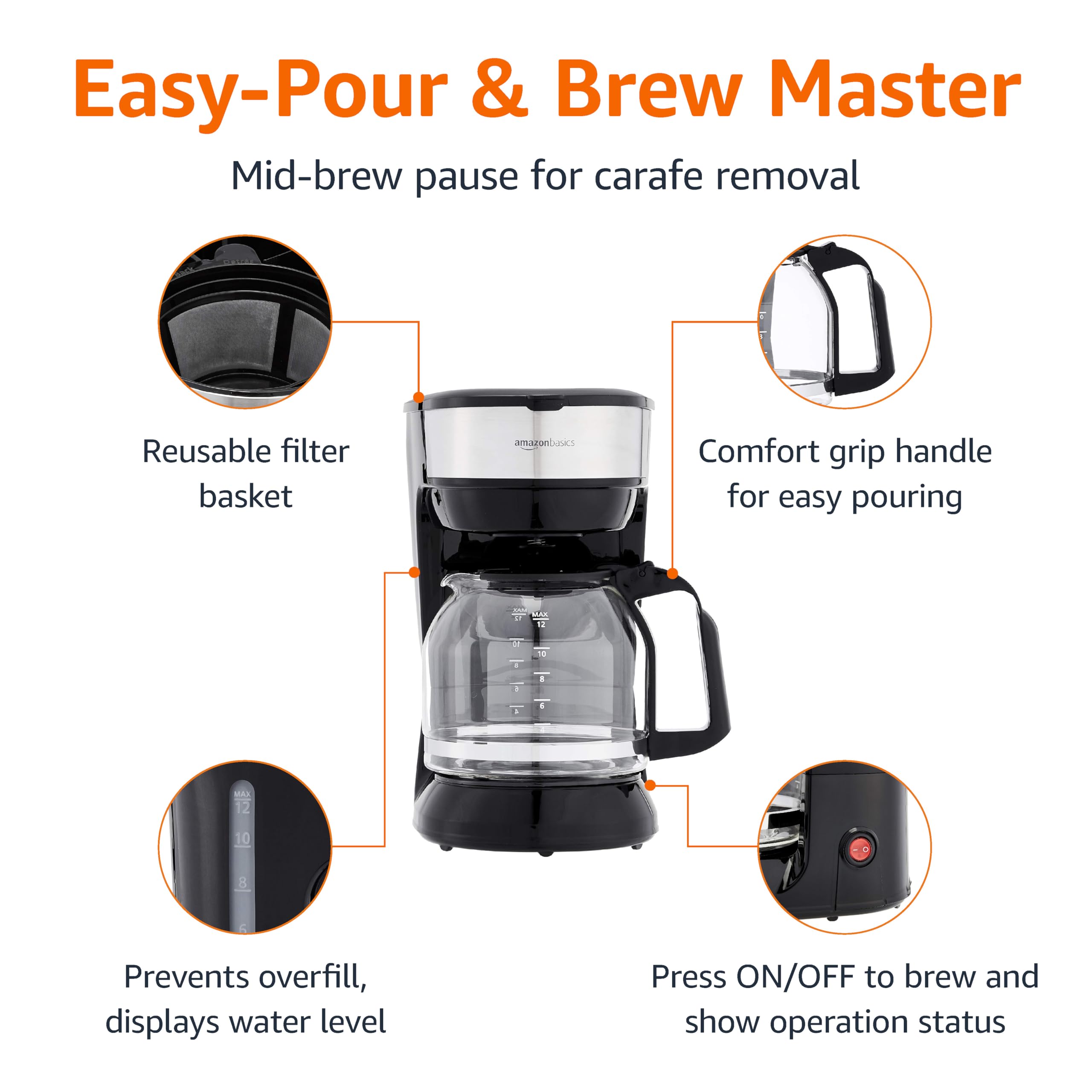 Amazon Basics Caffettiera 12 Tazze Acciaio Nero Filtro