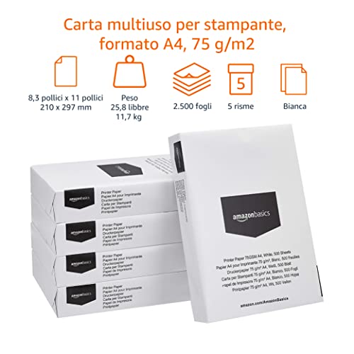 Amazon Basics Carta A4 75 g/m² 2500 Fogli Bianca Stampa
