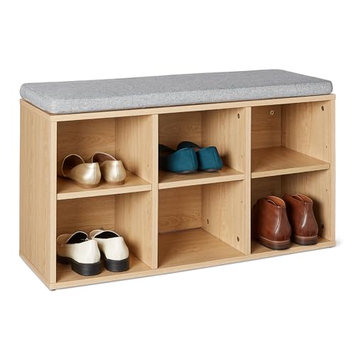 Amazon Basics panca portascarpe con cuscino rovere 6 scomparti