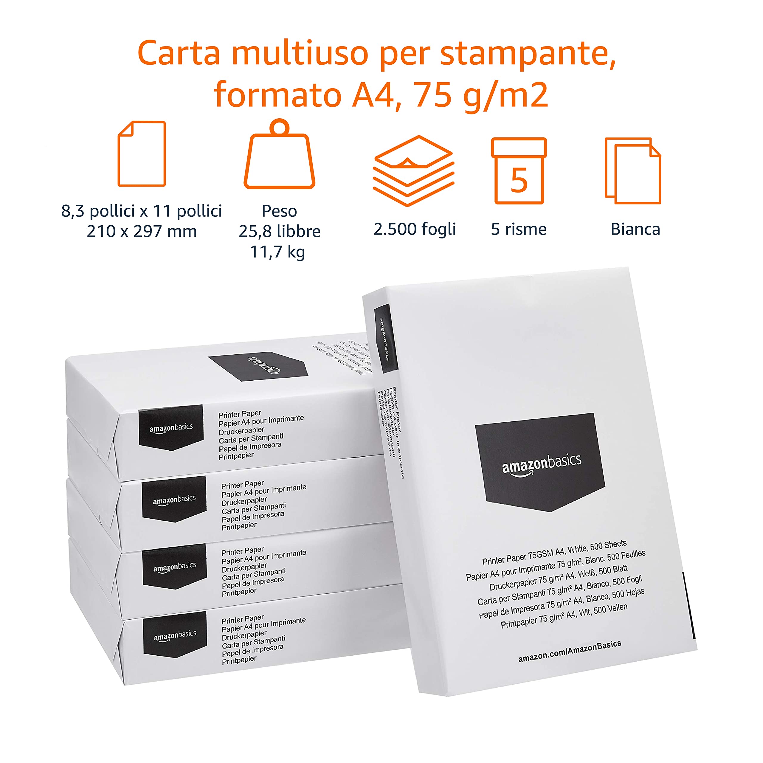 Amazon Basics Carta A4 75 g/m² 2500 Fogli Bianca Stampa
