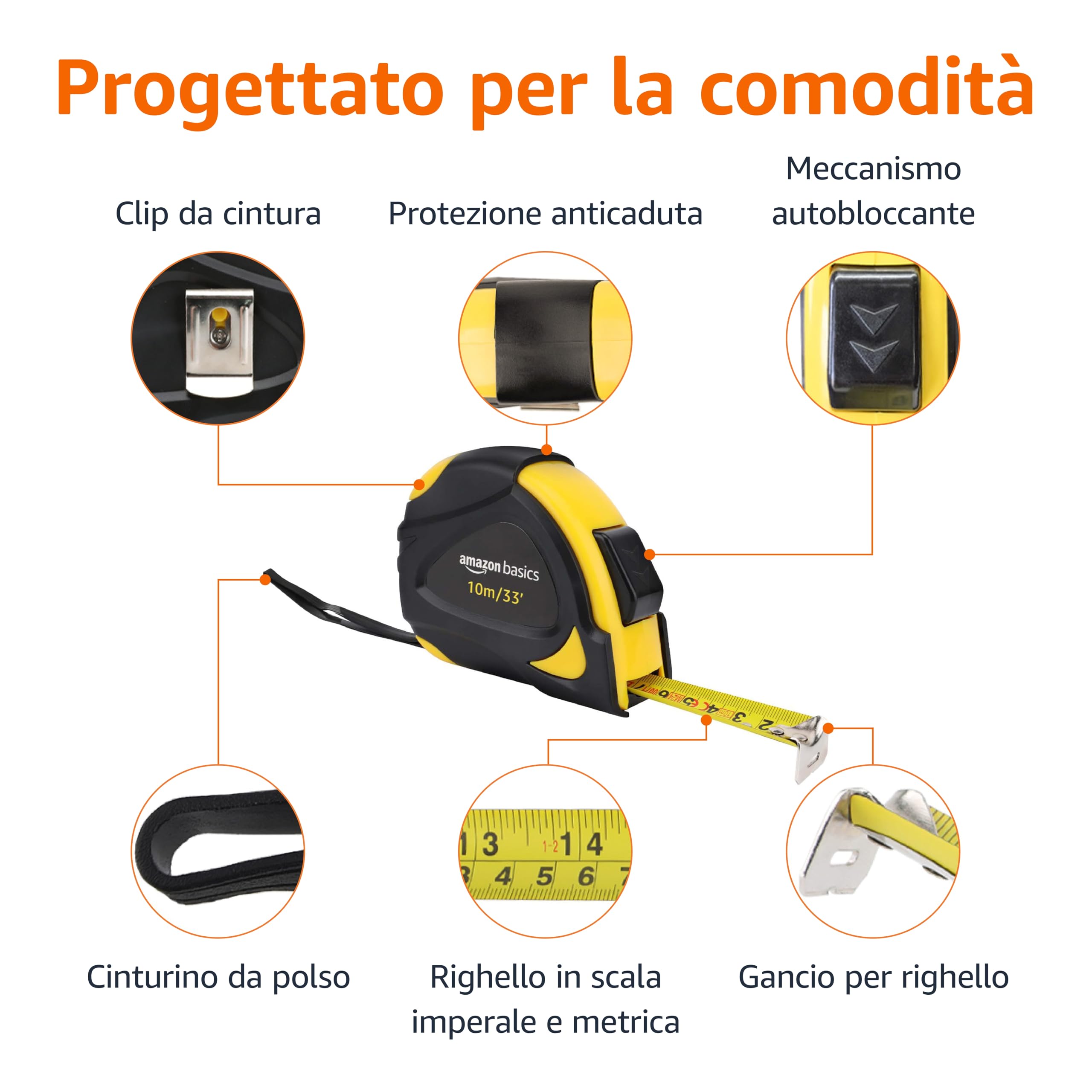 Amazon Basics Metro a Nastro 10 m Autobloccante scala metrica