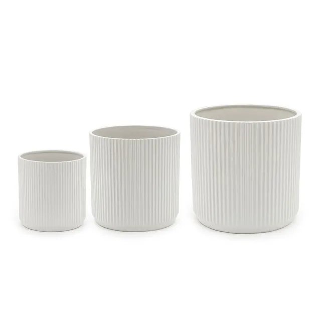 AmazonBasics Vasi Ceramica Scanalati Set 3 Bianco con Drenaggio