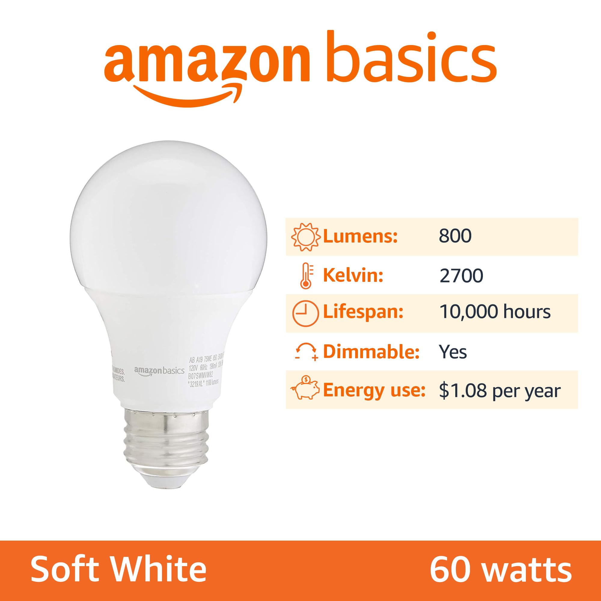 Amazon Basics A19 Lampadina LED E27 60W 6pz Bianco Caldo