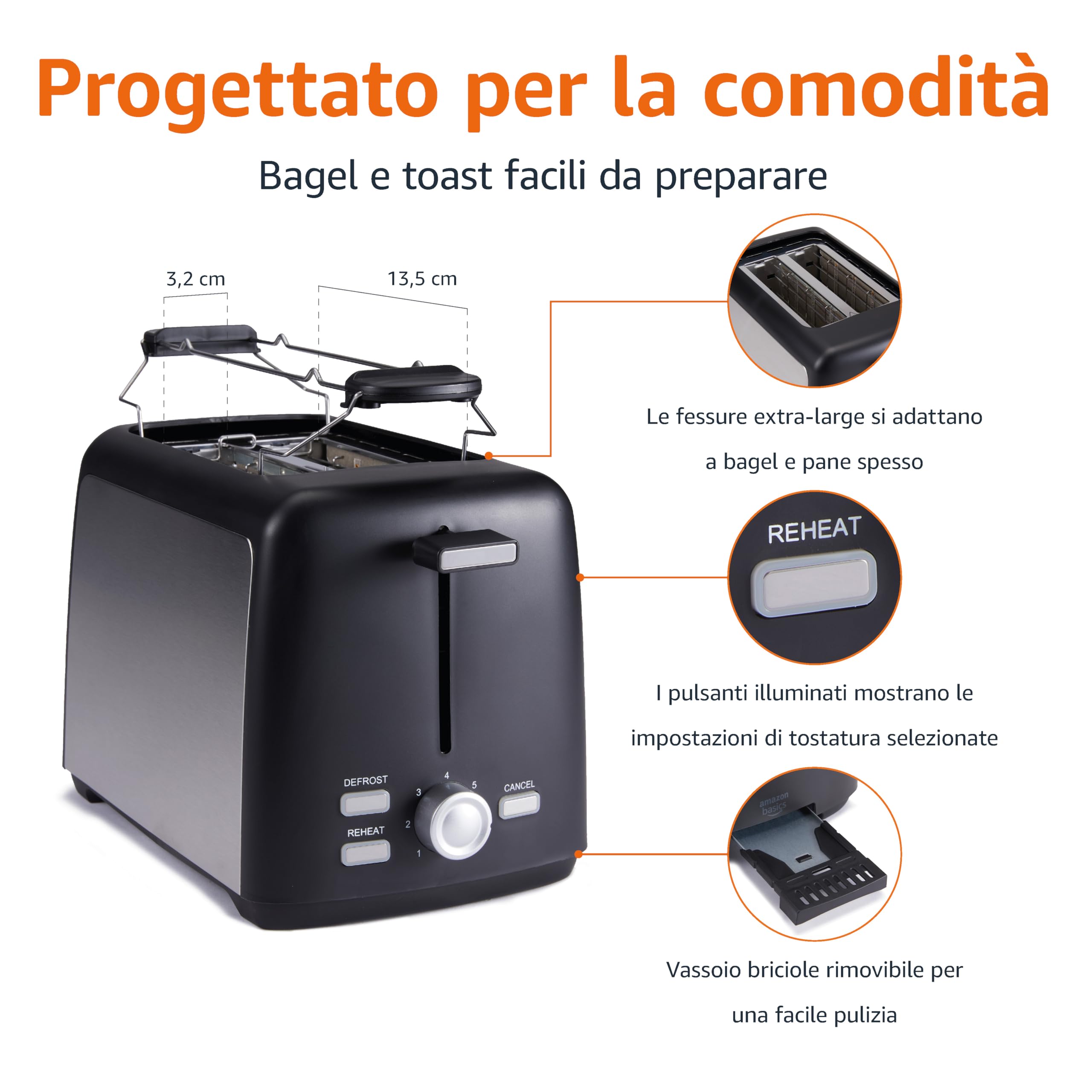 AmazonBasics Tostapane 2 Fette Nero 800W 7 Dorature
